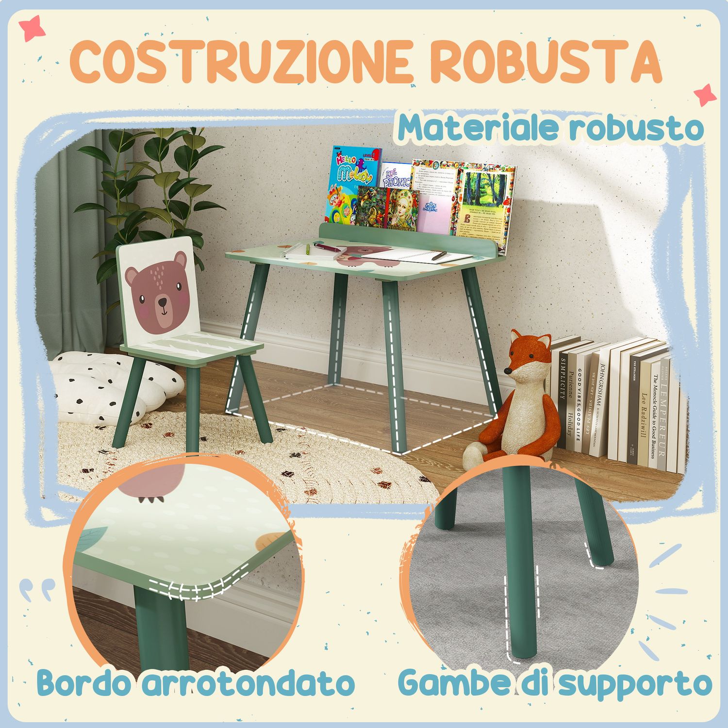 Set sedia e tavolino per bambini con ripiano portaoggetti, in mdf e legno di pino, verde - 