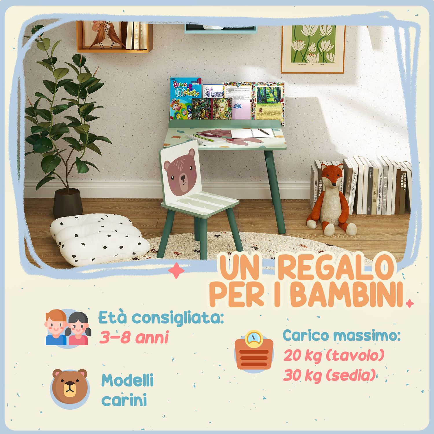 Set sedia e tavolino per bambini con ripiano portaoggetti, in mdf e legno di pino, verde - 