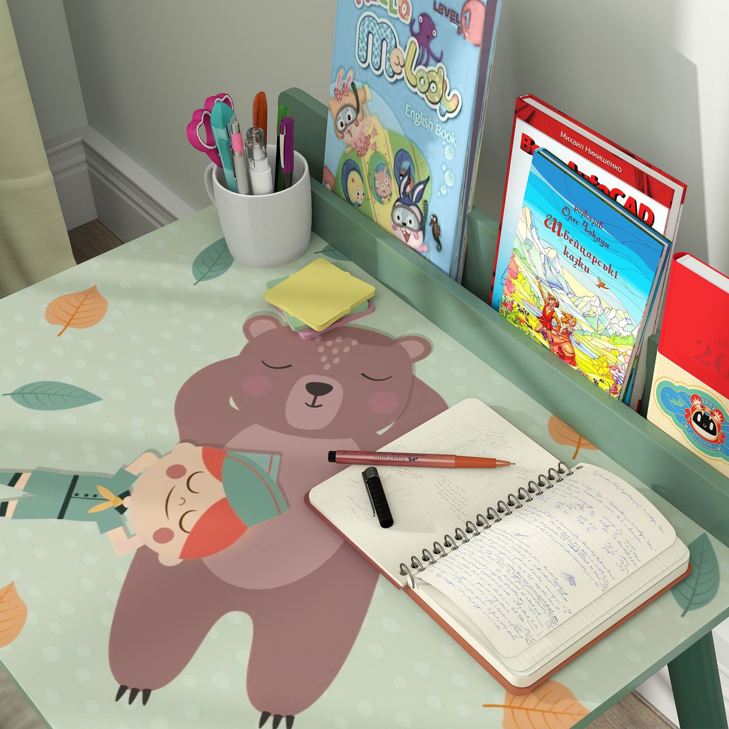 Set sedia e tavolino per bambini con ripiano portaoggetti, in mdf e legno di pino, verde - 