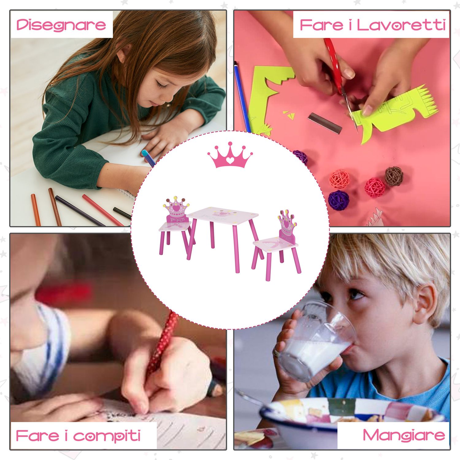 Set tavolo e 2 sedie a tema principesse per cameretta bambini in legno rosa con schienale a forma di corona - 