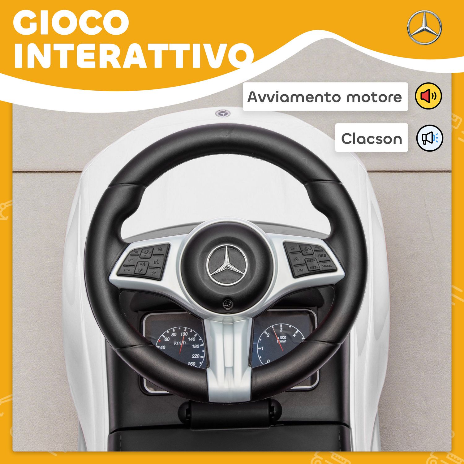 Macchina per bambini licenza mercedes benz con clacson e spazio portaoggetti, 65x28x39 cm, bianco - 