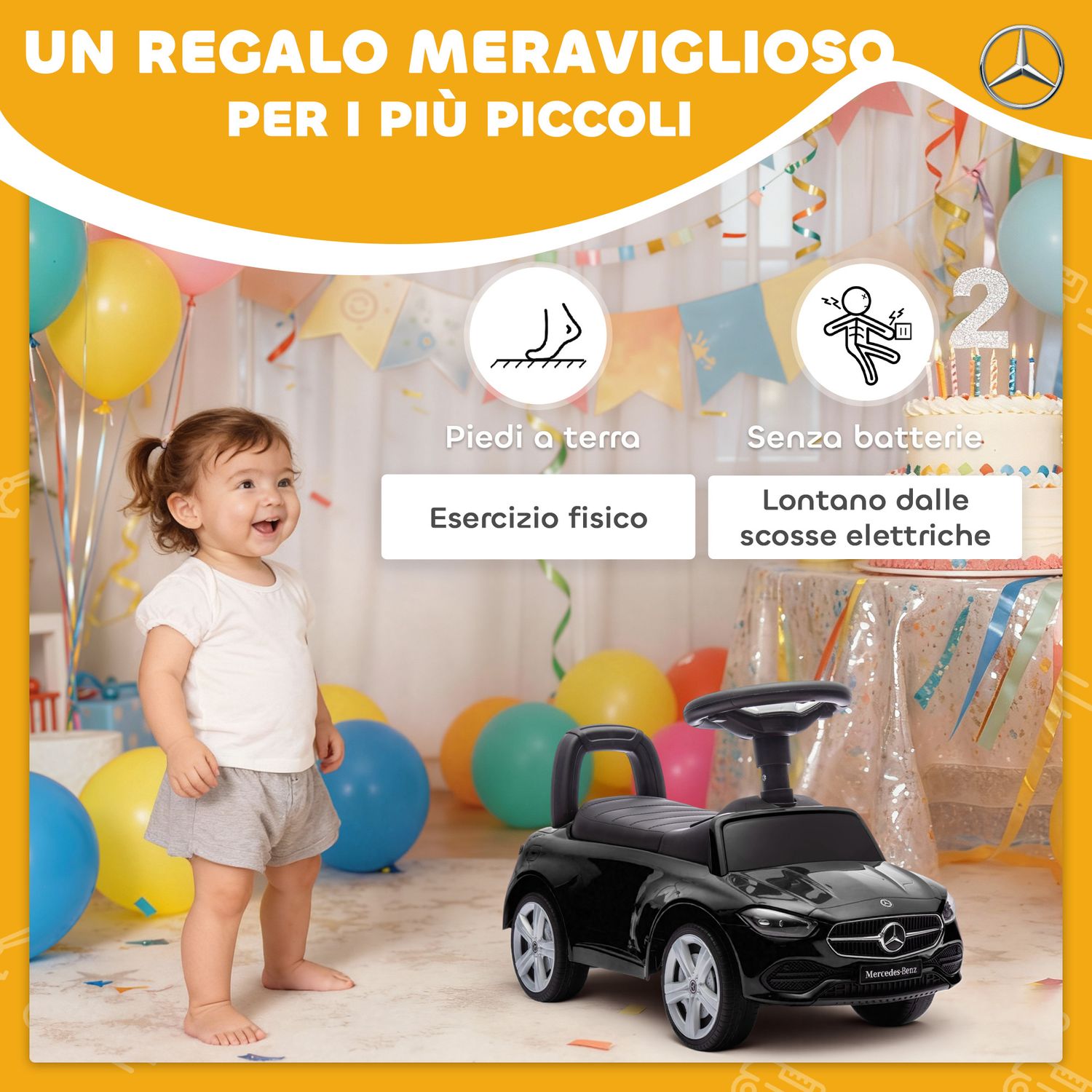 Macchina per bambini licenza mercedes benz con clacson e spazio portaoggetti, 65x28x39 cm, nero - 