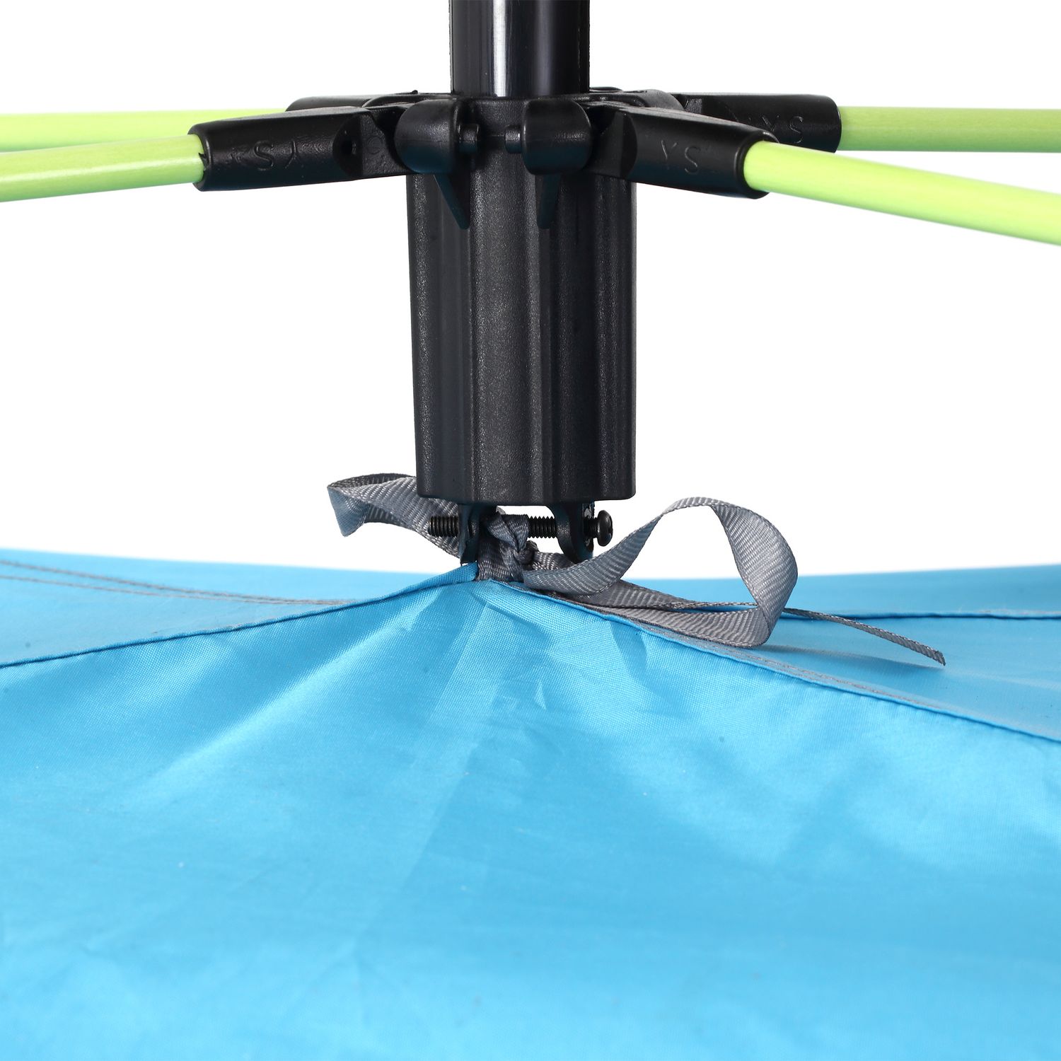 Tenda da spiaggia pop up con porta a cerniera, in poliestere e fibra di vetro, 220x173x120 cm, blu chiaro e giallo - 