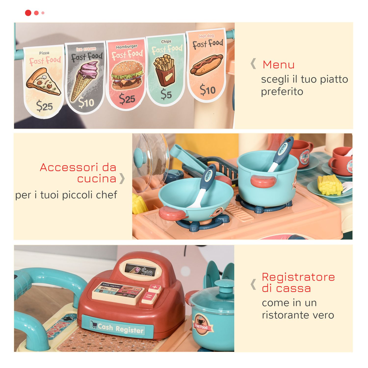 Cucina giocattolo per bambini 3-6 anni, caffetteria ristorante con 50 accessori inclusi, 79.5 x 33 x 90.5cm - 