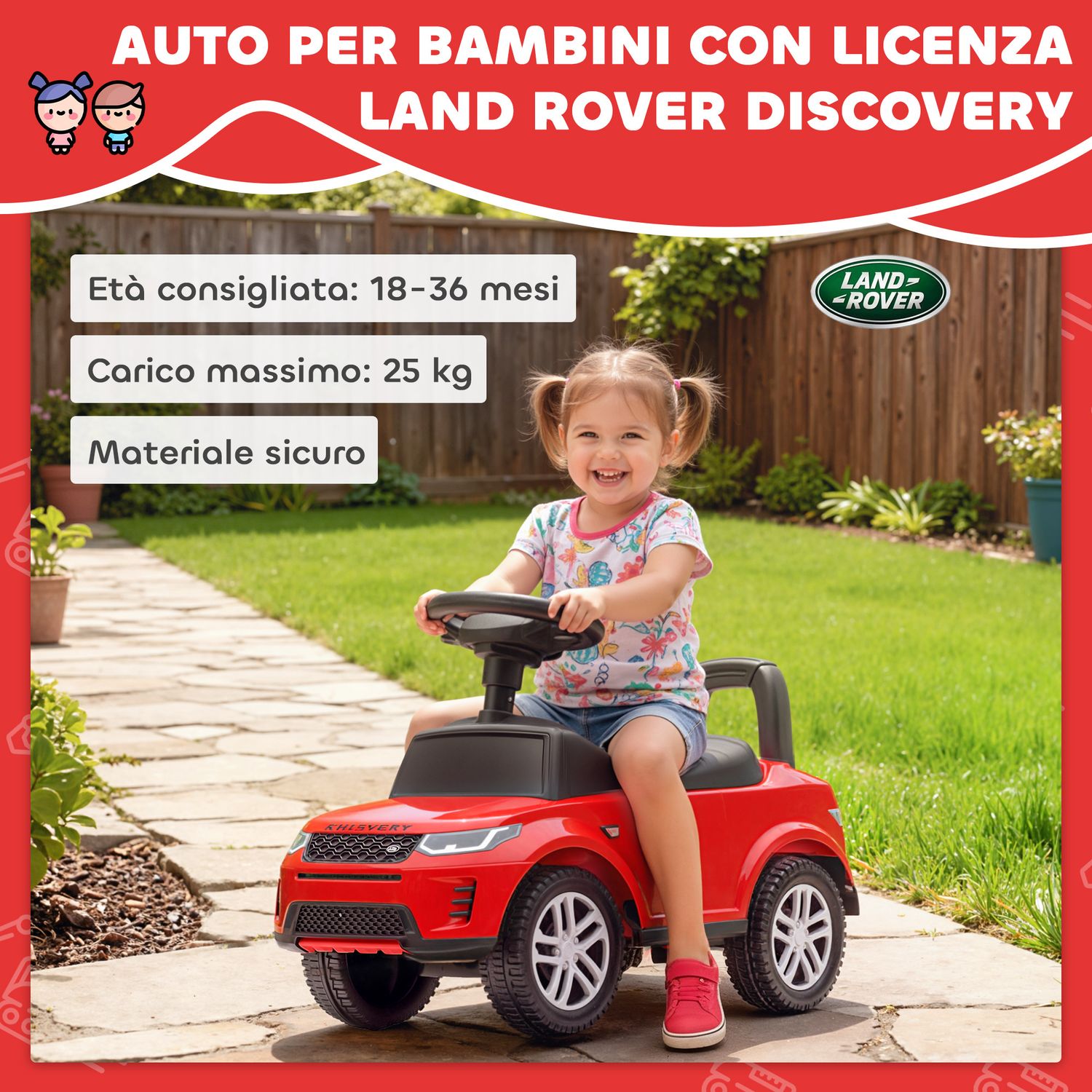 Macchina per bambini licenza land rover con clacson e spazio portaoggetti, 65.5x28x42 cm, rosso - 