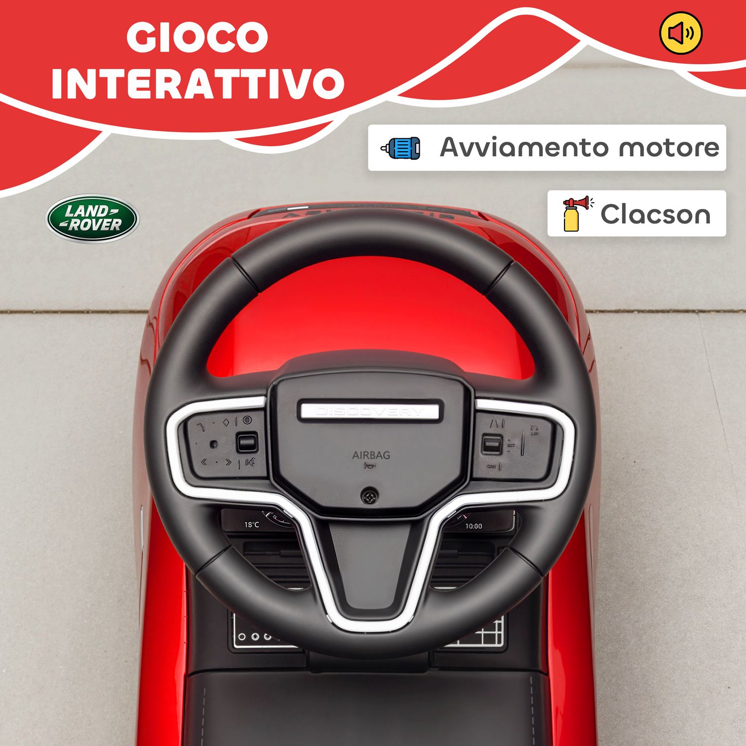 Macchina per bambini licenza land rover con clacson e spazio portaoggetti, 65.5x28x42 cm, rosso - 