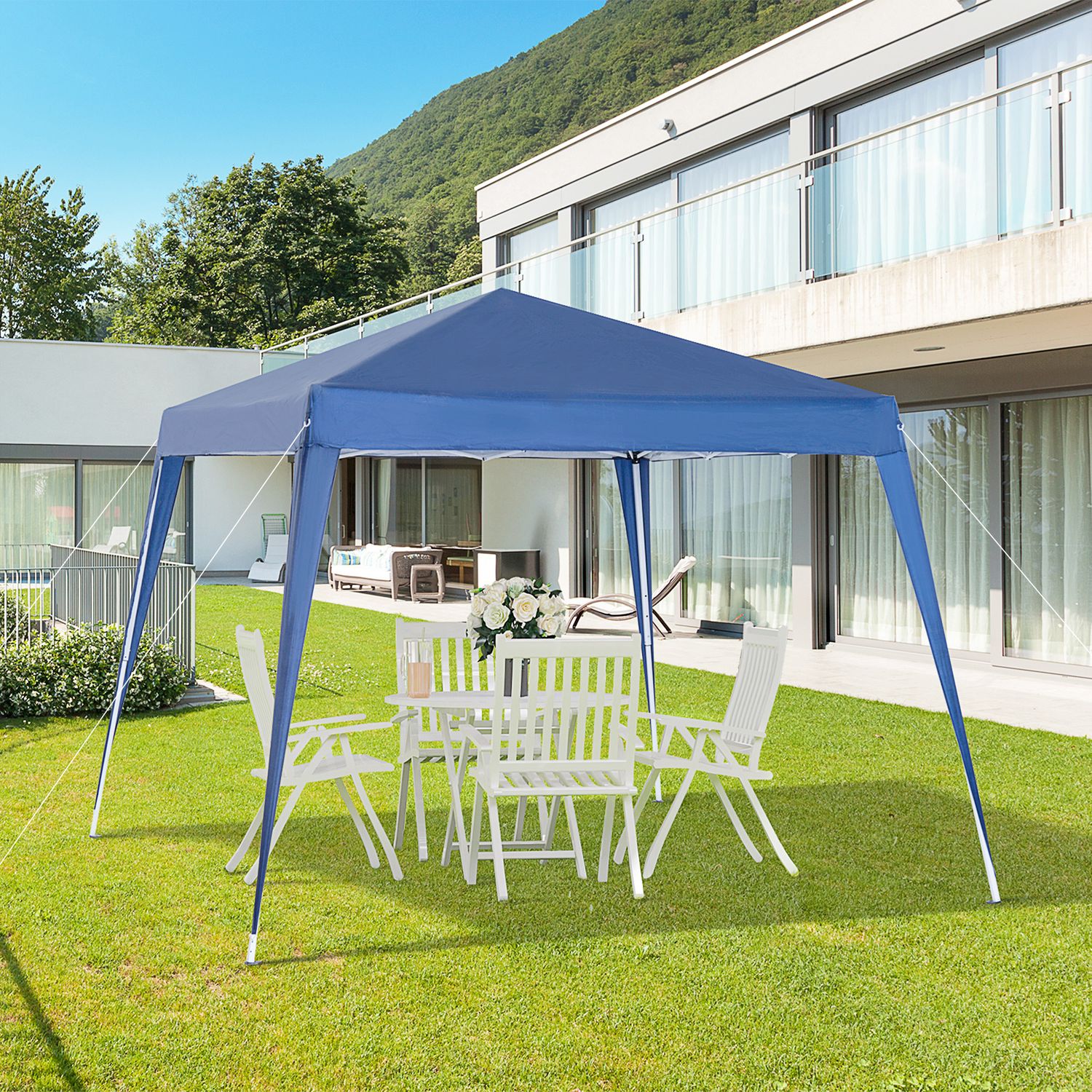 Gazebo pieghevole da giardino 2.4x2.4m con struttura in acciaio e corde antivento, blu - 