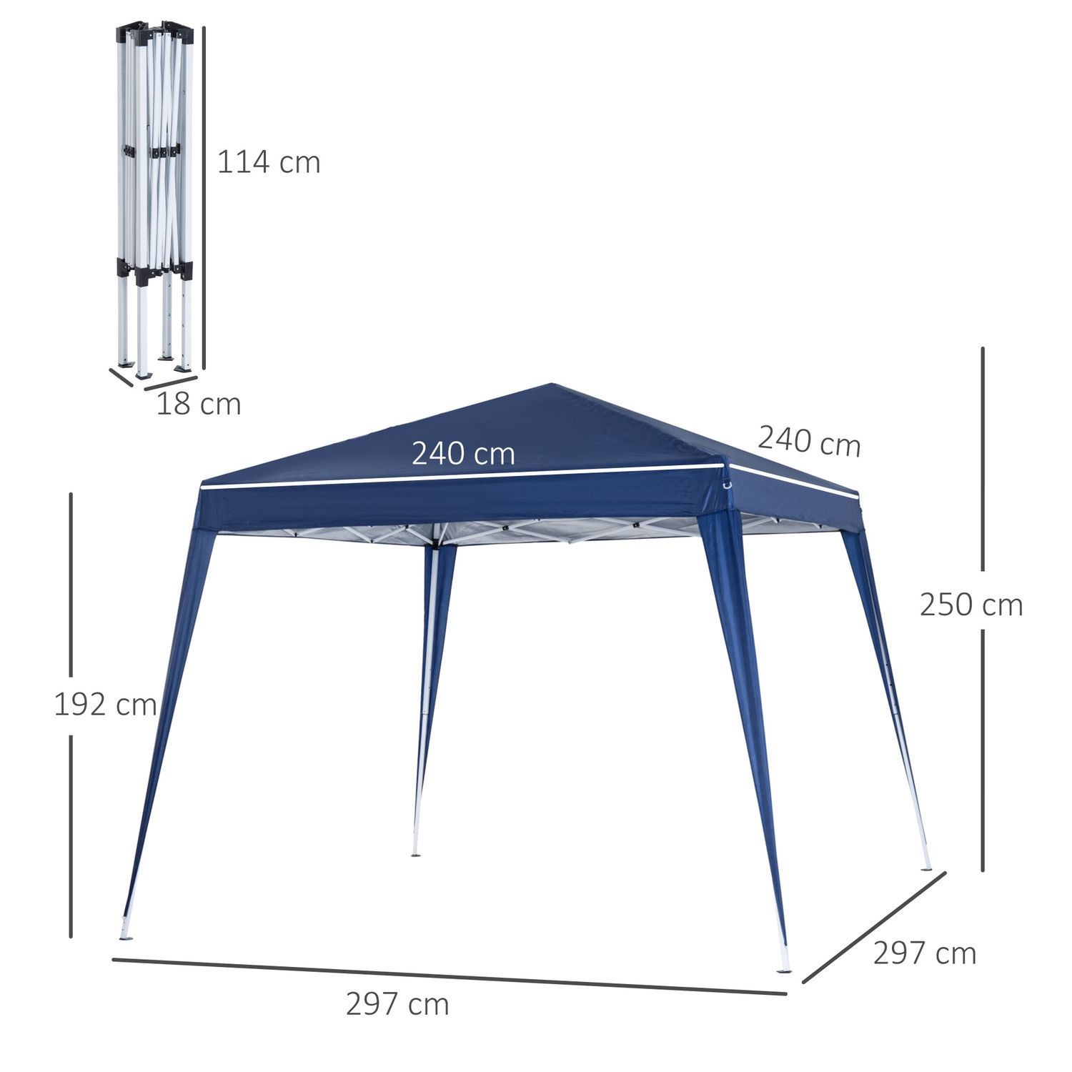 Gazebo pieghevole da giardino 2.4x2.4m con struttura in acciaio e corde antivento, blu - 