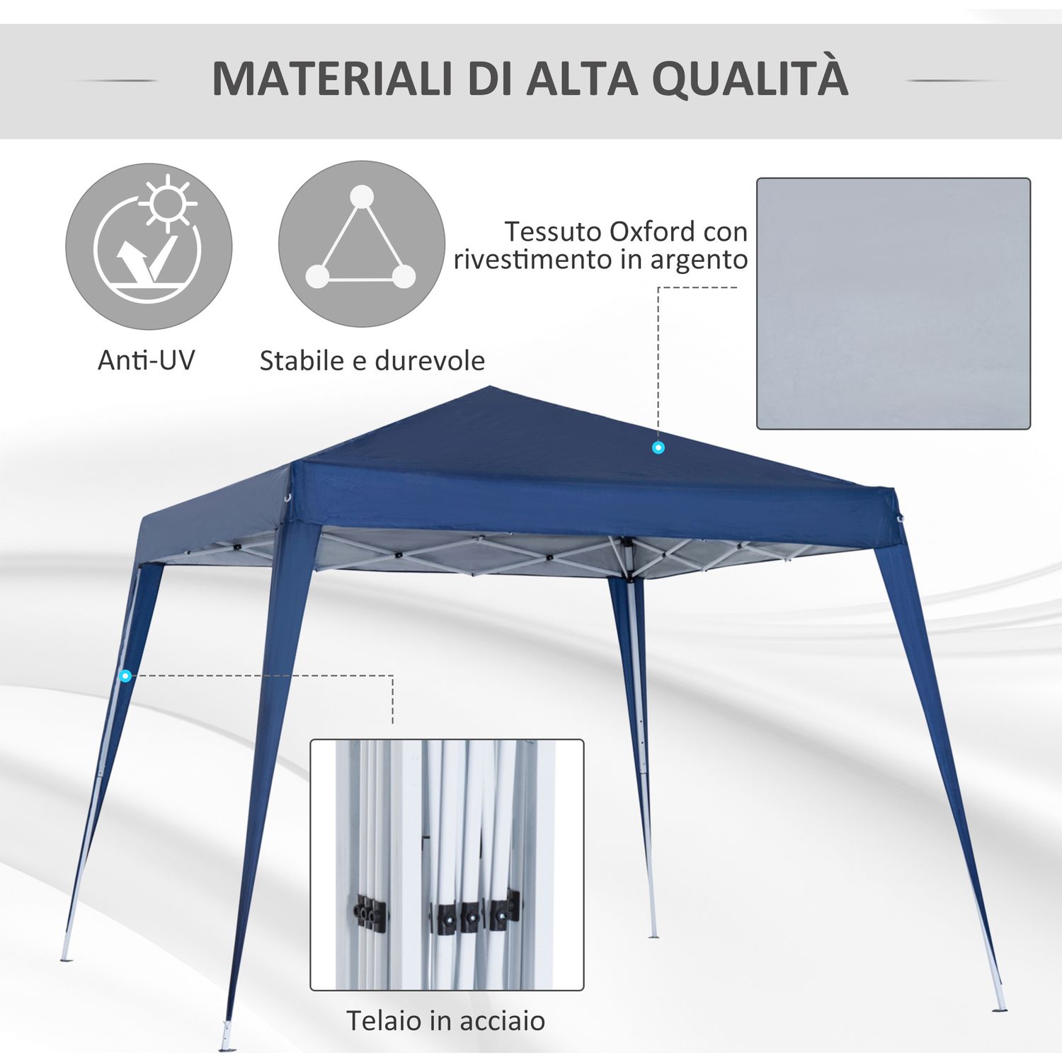 Gazebo pieghevole da giardino 2.4x2.4m con struttura in acciaio e corde antivento, blu - 
