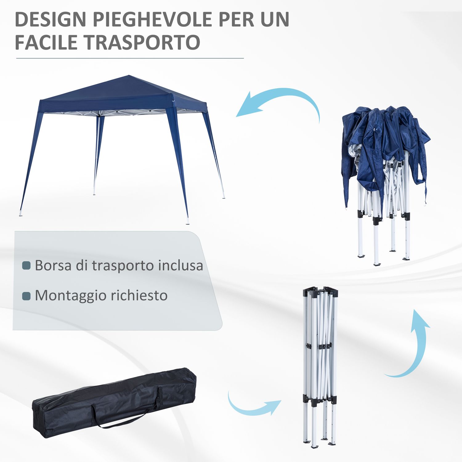 Gazebo pieghevole da giardino 2.4x2.4m con struttura in acciaio e corde antivento, blu - 