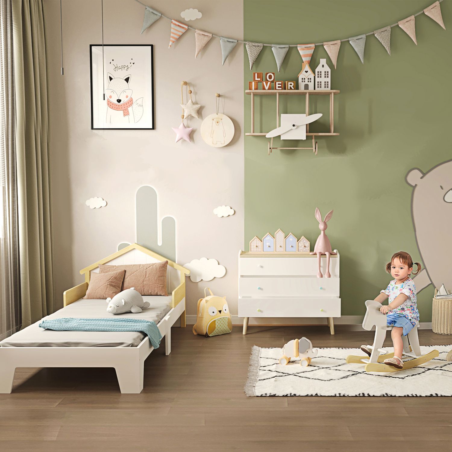 Cavallo a dondolo bambini da 1-3 anni in legno con maniglie e poggiapiedi, 68x26.5x48 cm, bianco - 