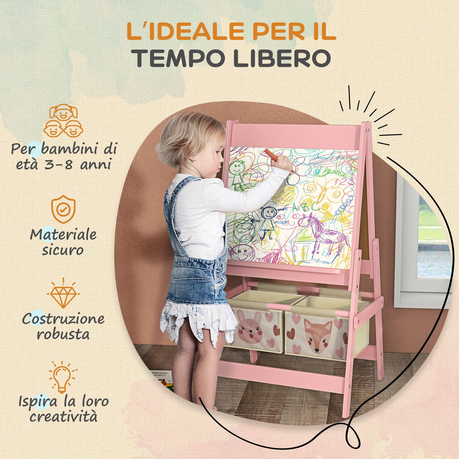 Lavagna per bambini con cavalletto 3 in 1 e 2 contenitori, età 3-8 anni, 54x46.5x93cm, rosa - 