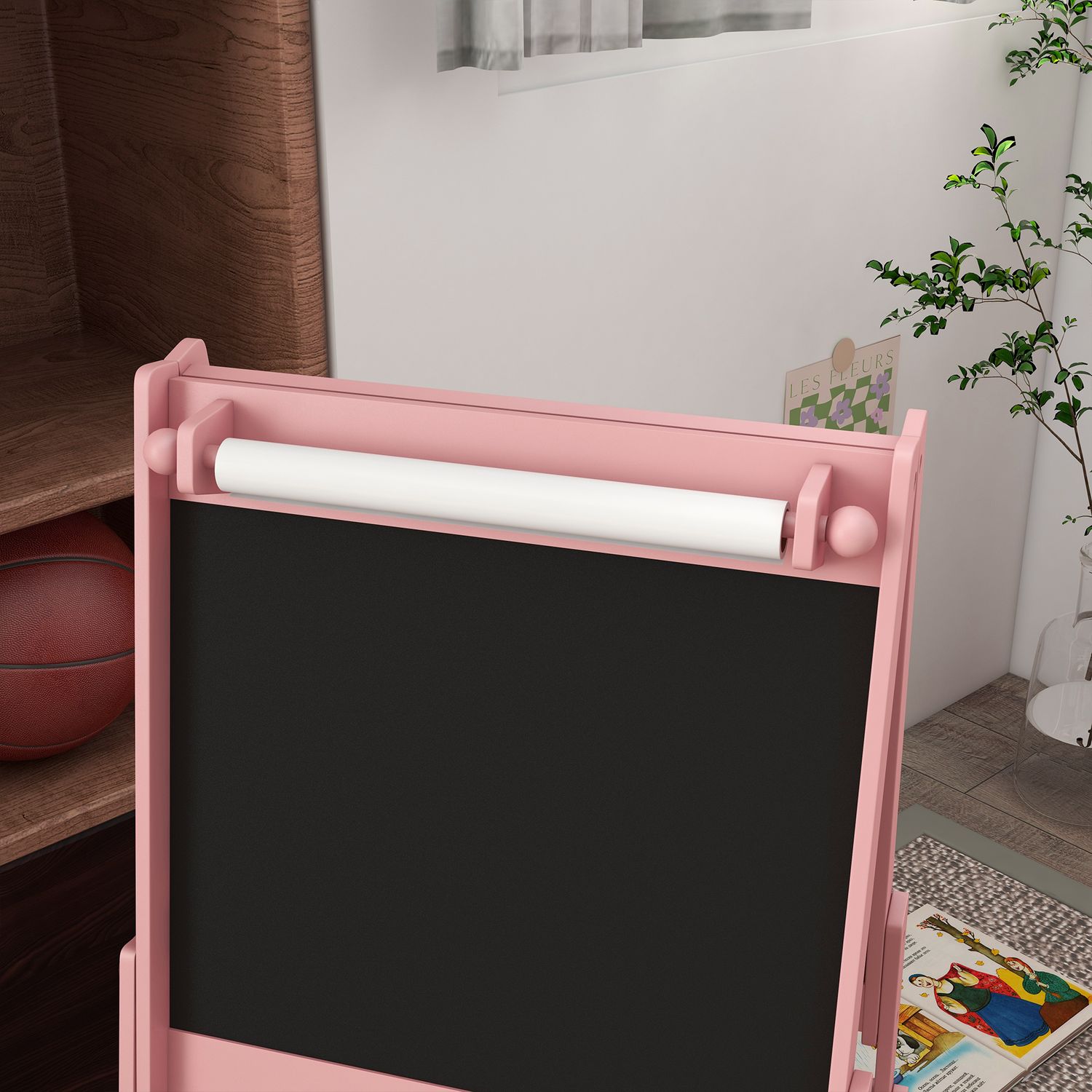 Lavagna per bambini con cavalletto 3 in 1 e 2 contenitori, età 3-8 anni, 54x46.5x93cm, rosa - 