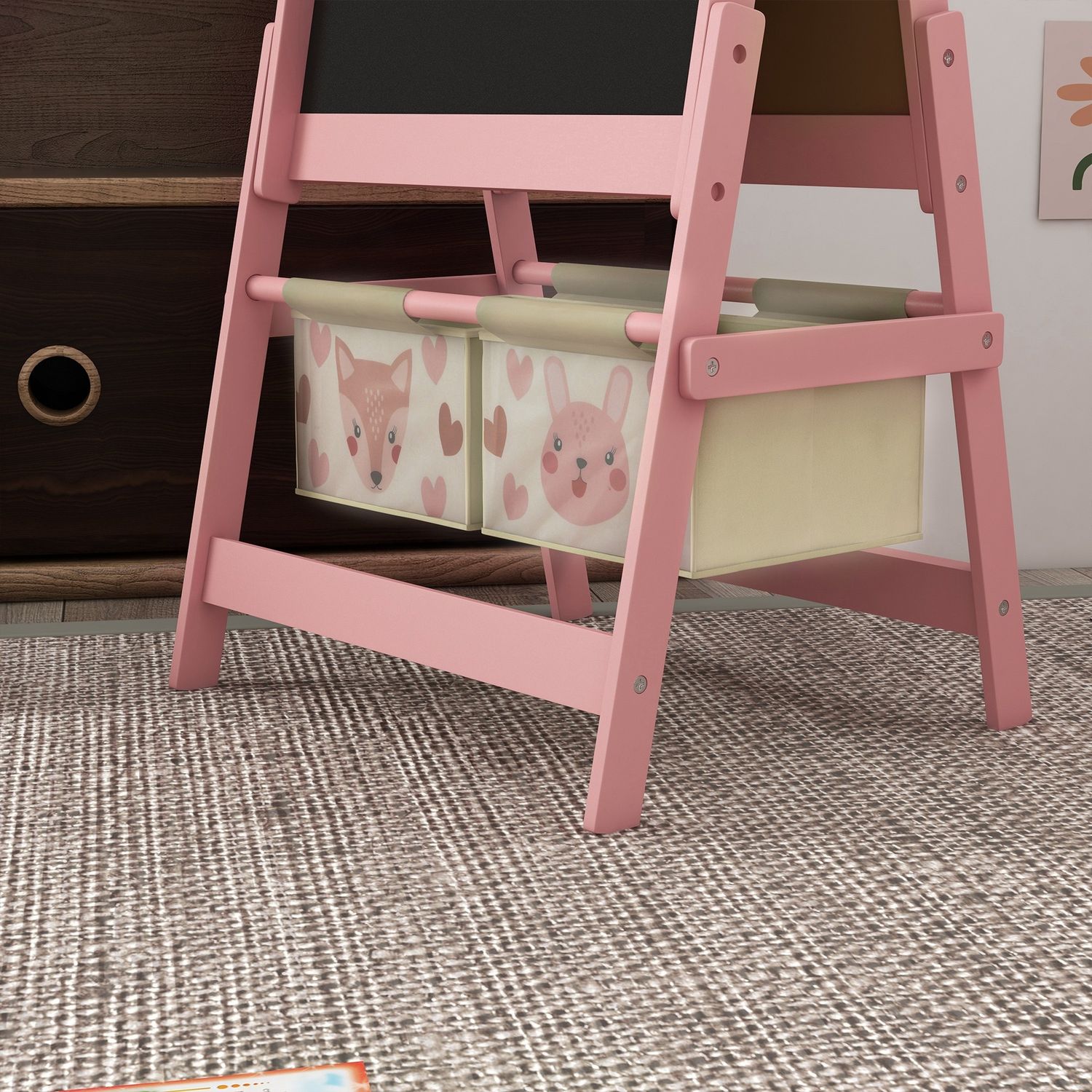 Lavagna per bambini con cavalletto 3 in 1 e 2 contenitori, età 3-8 anni, 54x46.5x93cm, rosa - 