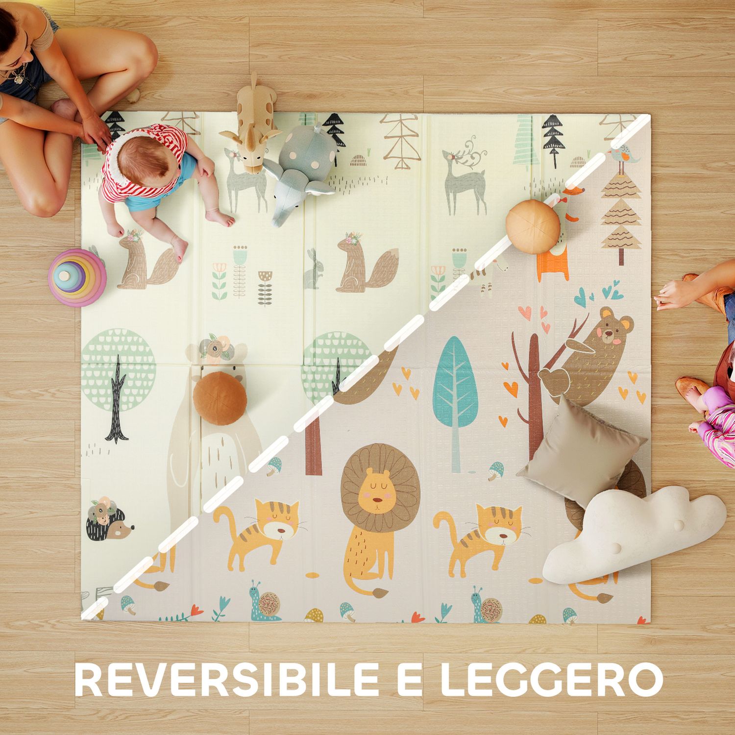 Tappeto per bambini 0-6 anni a tema bosco con superficie impermeabile in xpe multicolore, 196x176x1.5 cm - 