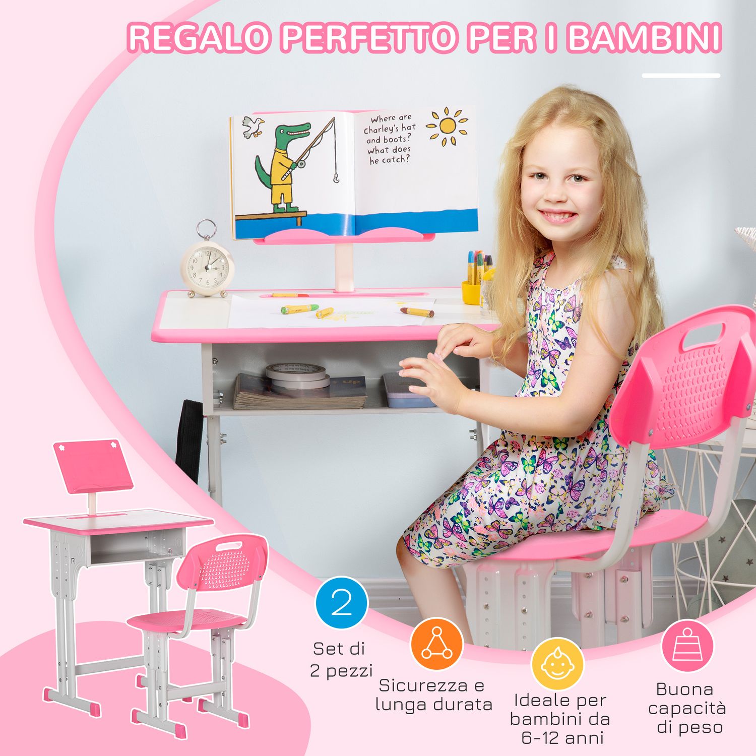 Banco scuola con sedia ad altezza regolabile per bambini 6-12 anni, acciaio e mdf, rosa - 