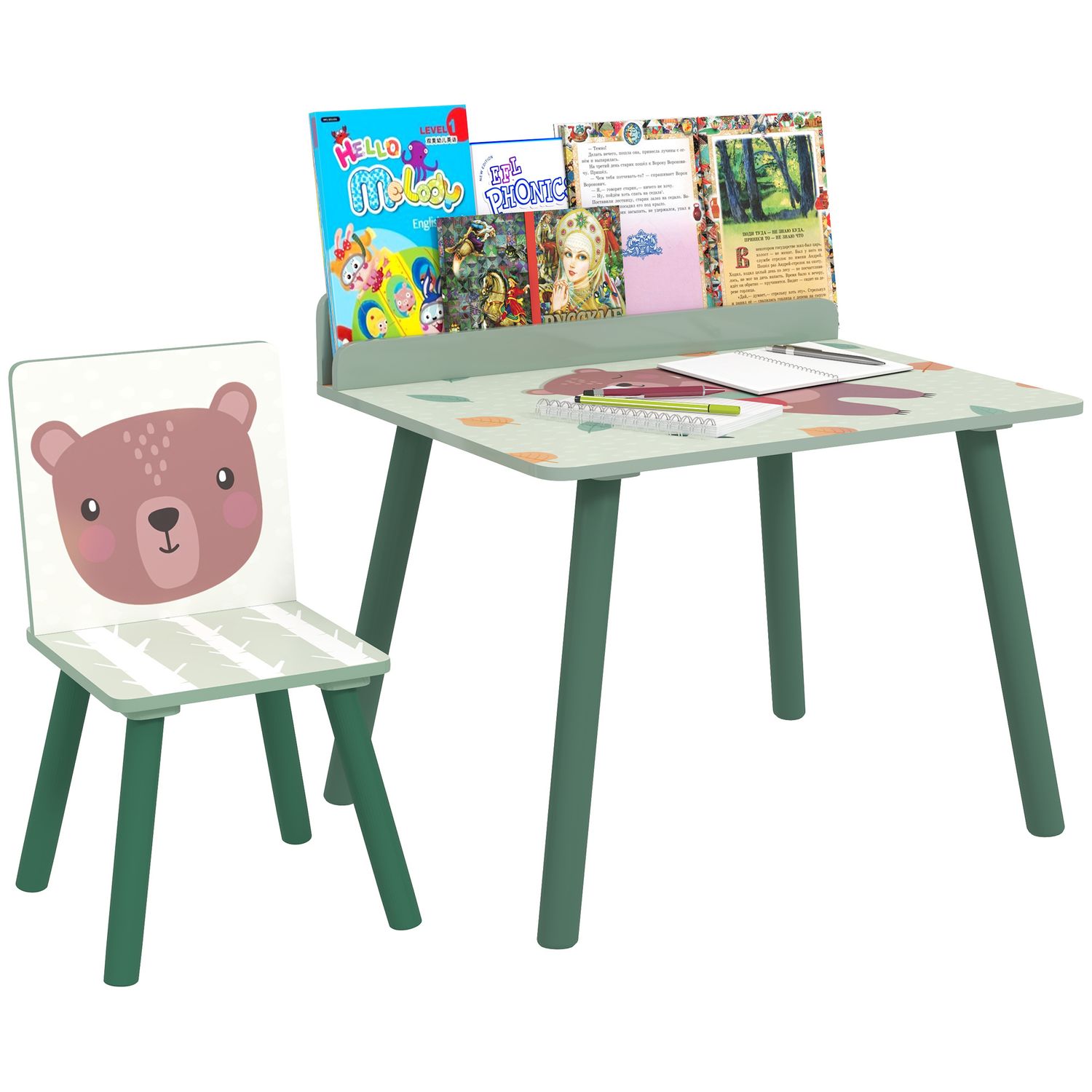 Set sedia e tavolino per bambini con ripiano portaoggetti, in mdf e legno di pino, verde - 