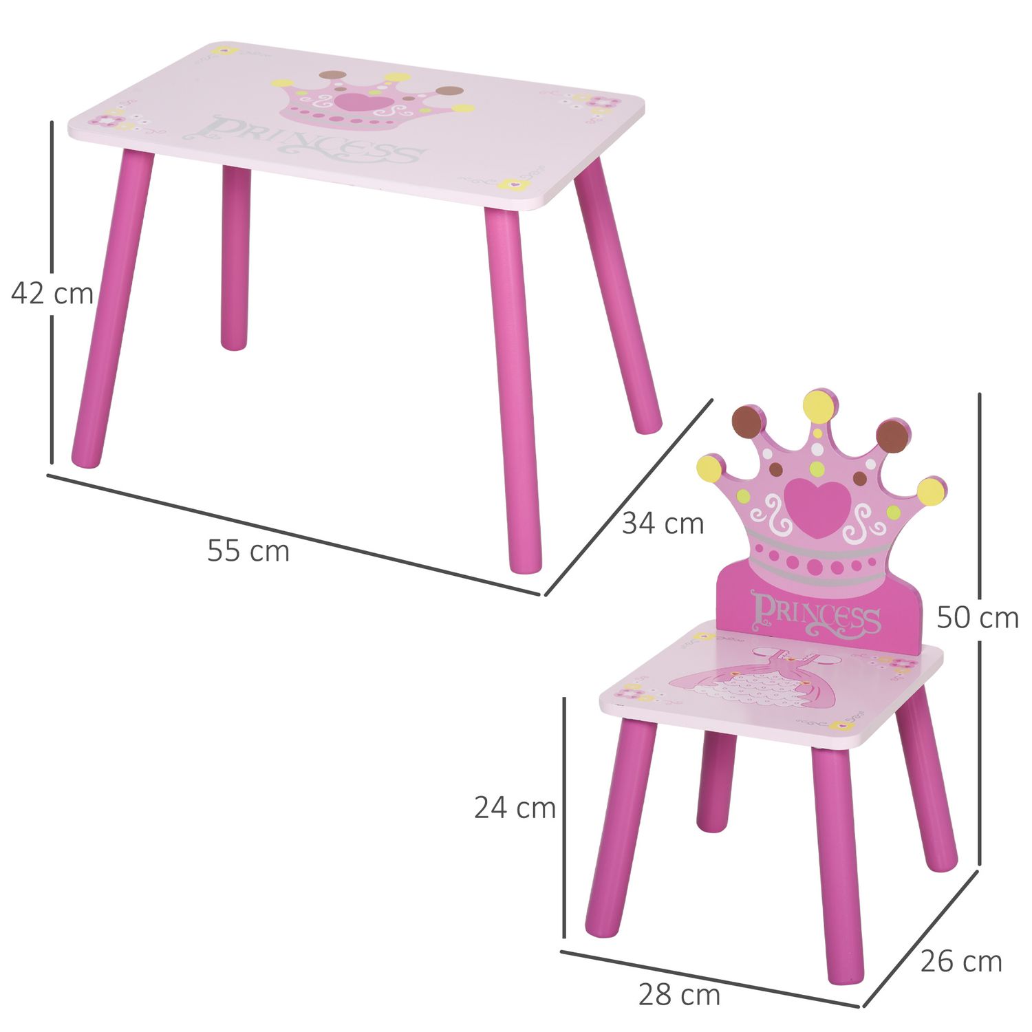 Set tavolo e 2 sedie a tema principesse per cameretta bambini in legno rosa con schienale a forma di corona - 
