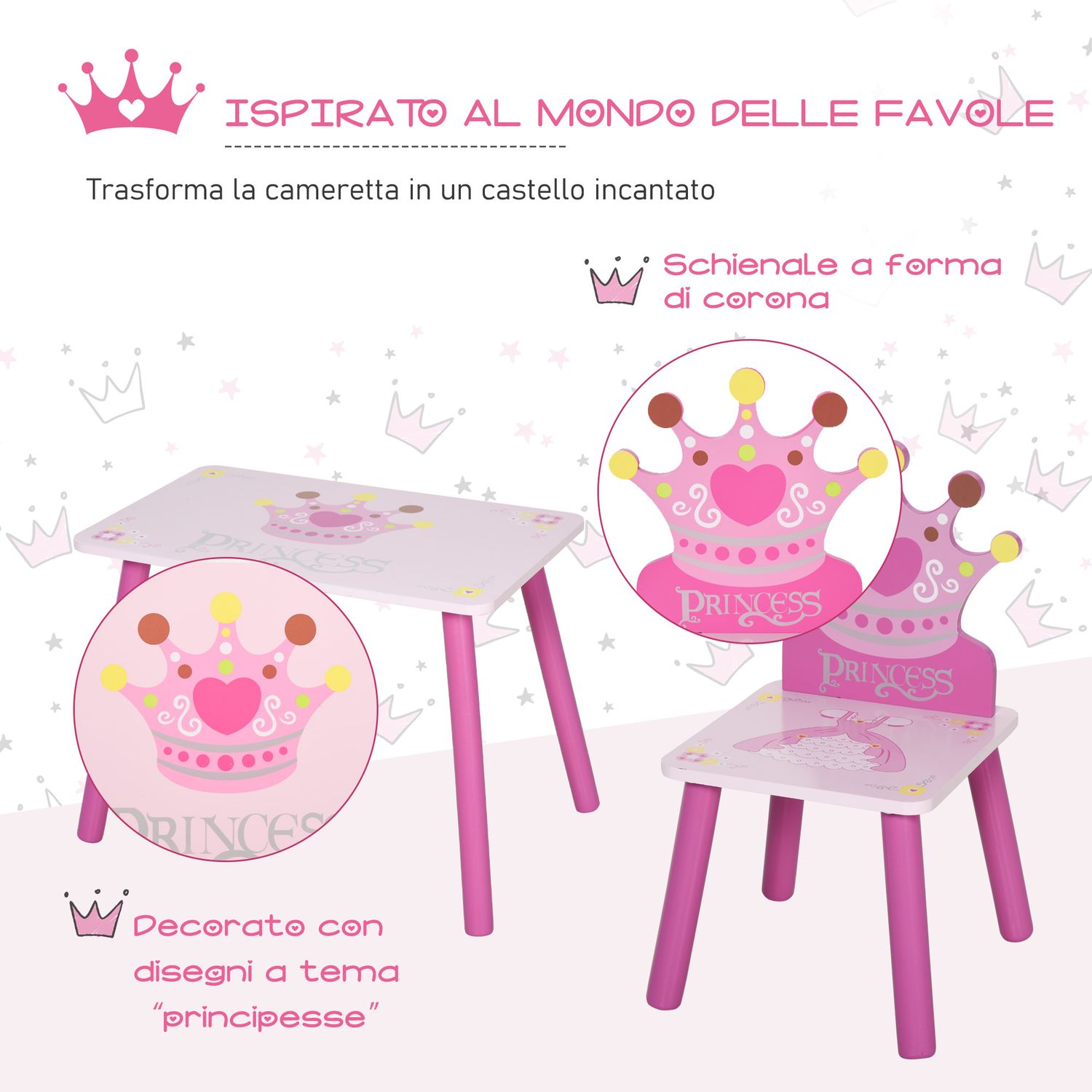 Set tavolo e 2 sedie a tema principesse per cameretta bambini in legno rosa con schienale a forma di corona - 