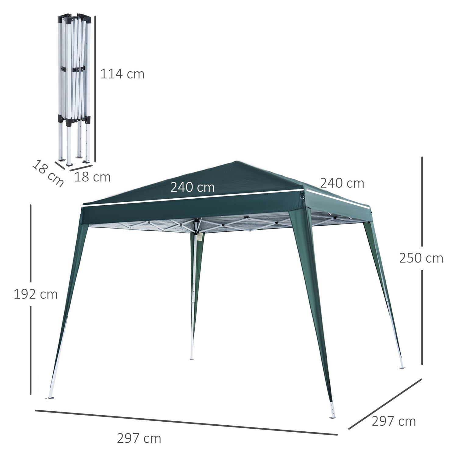 Gazebo pieghevole da giardino 2.4x2.4m con struttura in acciaio e corde antivento, verde - 
