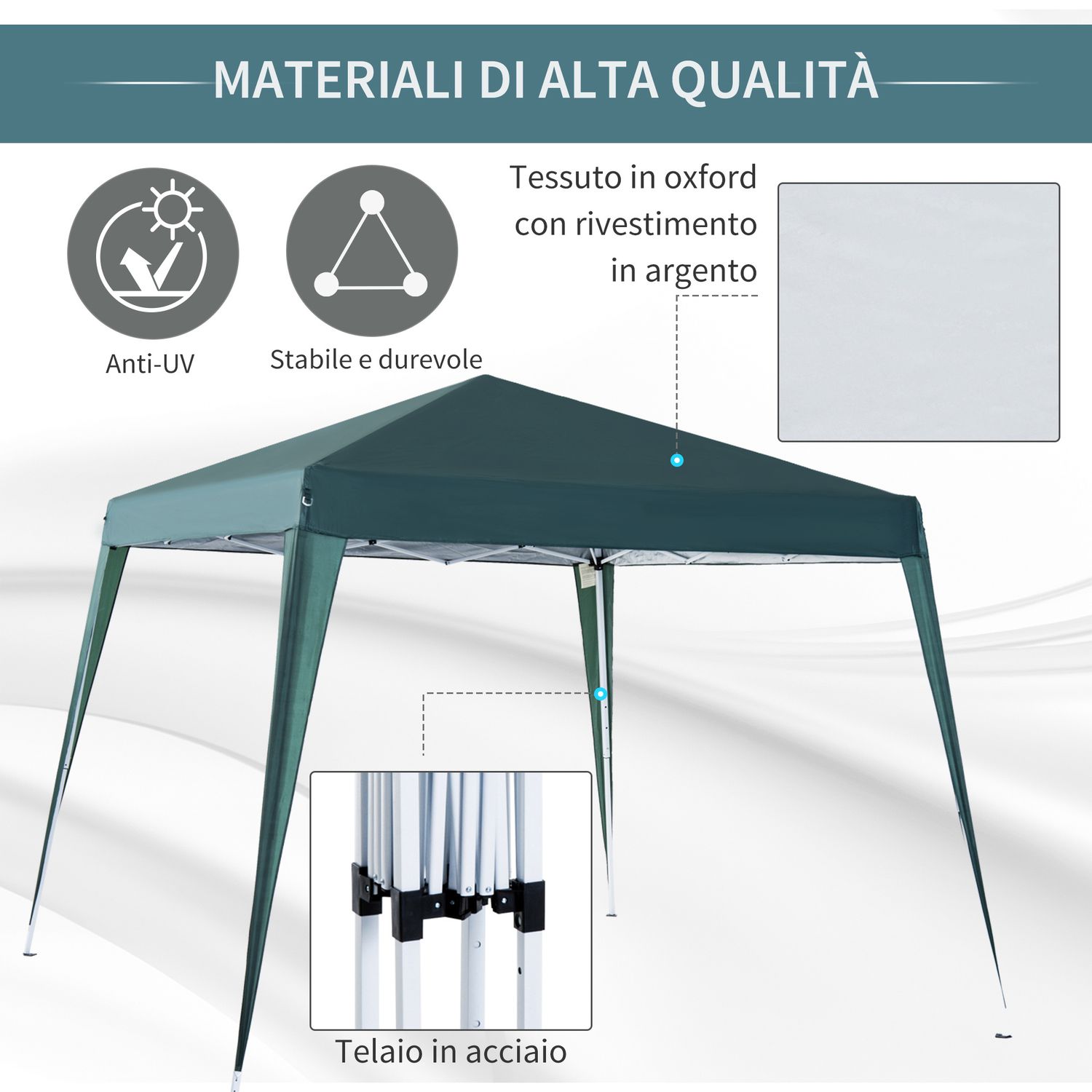 Gazebo pieghevole da giardino 2.4x2.4m con struttura in acciaio e corde antivento, verde - 