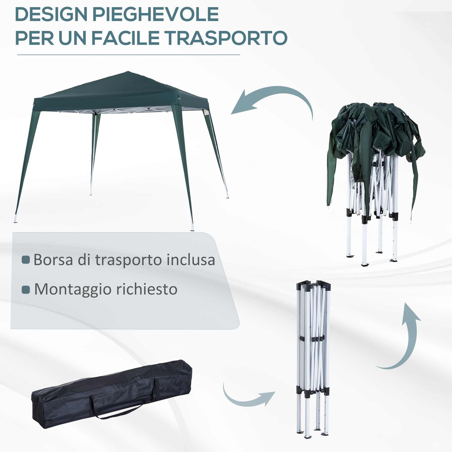 Gazebo pieghevole da giardino 2.4x2.4m con struttura in acciaio e corde antivento, verde - 