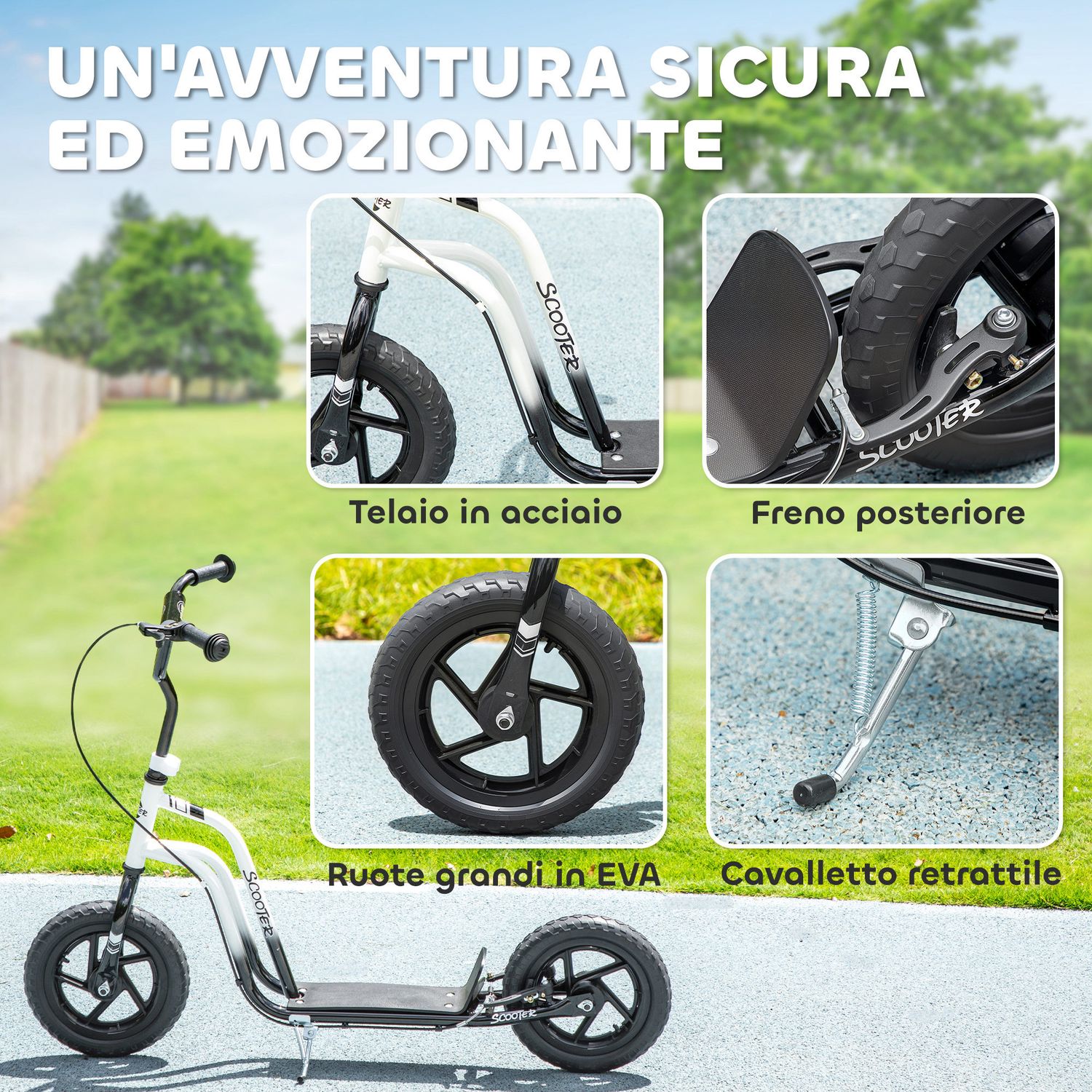 Monopattino per bambini 5-12 anni con freno, cavalletto e manubrio regolabile, 129x52x80-88 cm, bianco e nero - 