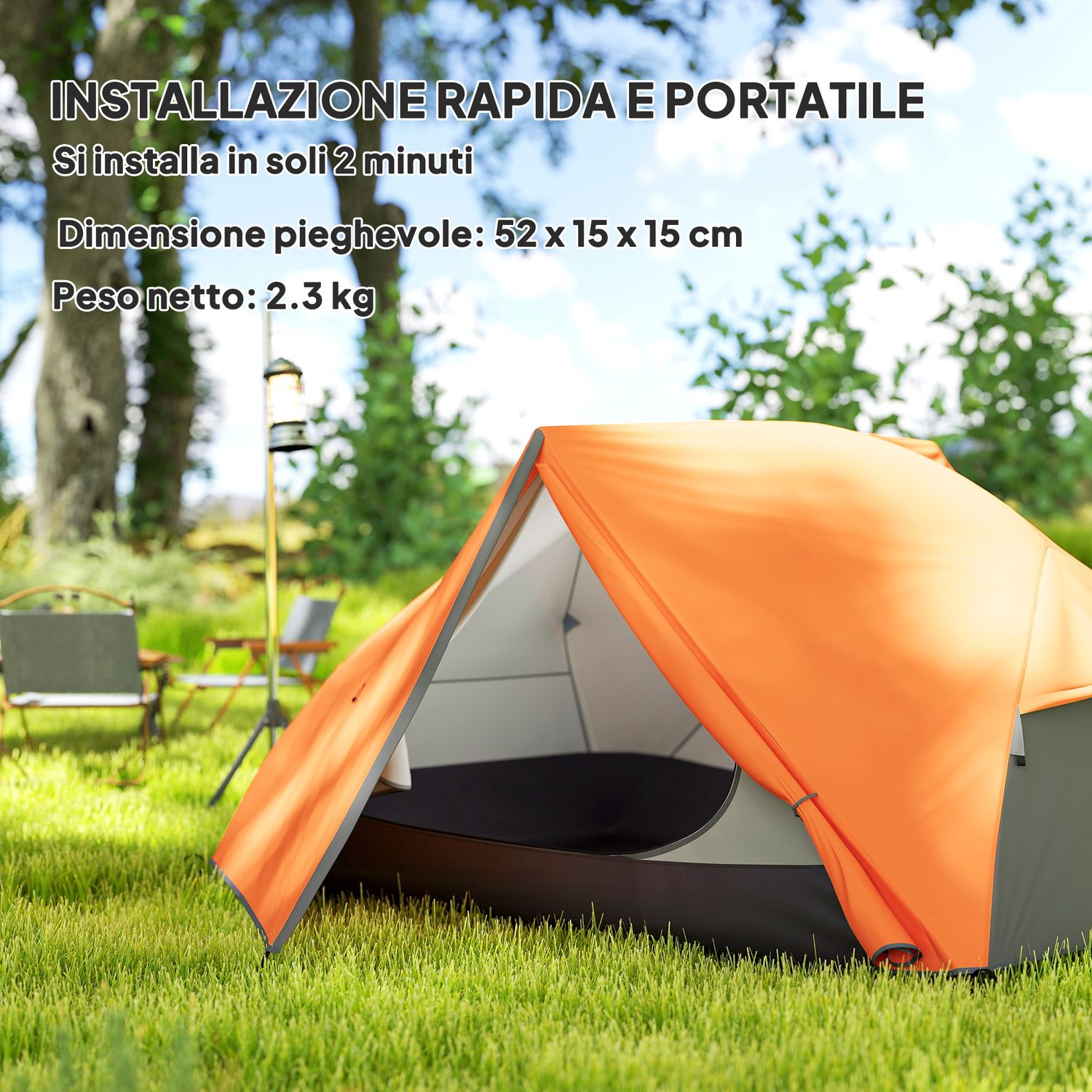 Tenda da campeggio 2 posti con 2 vestiboli, 2 porte, 2 finestre e borsa di trasporto, 2.8x2.25x1.1 cm, arancione - 