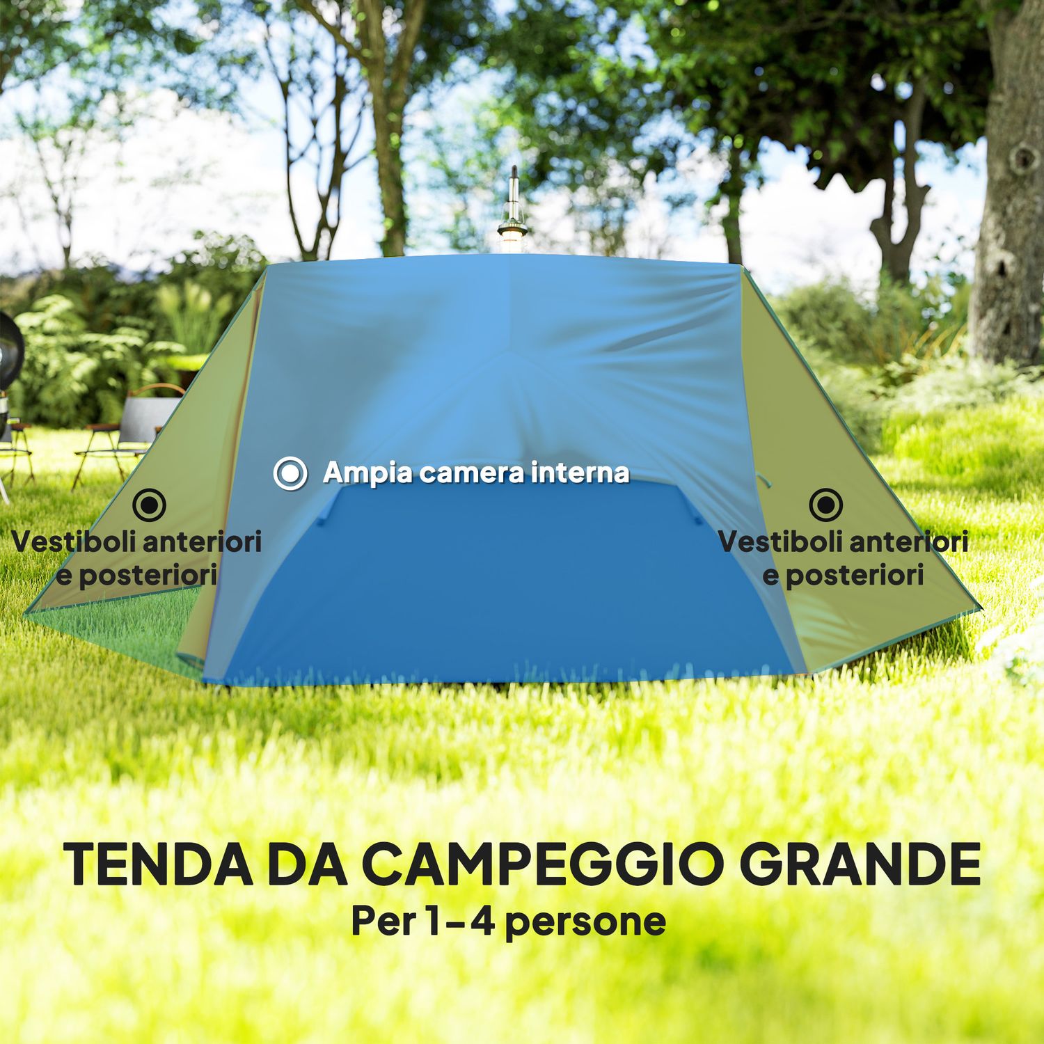 Tenda da campeggio 2 posti con 2 vestiboli, 2 porte, 2 finestre e borsa di trasporto, 2.8x2.25x1.1 cm, arancione - 