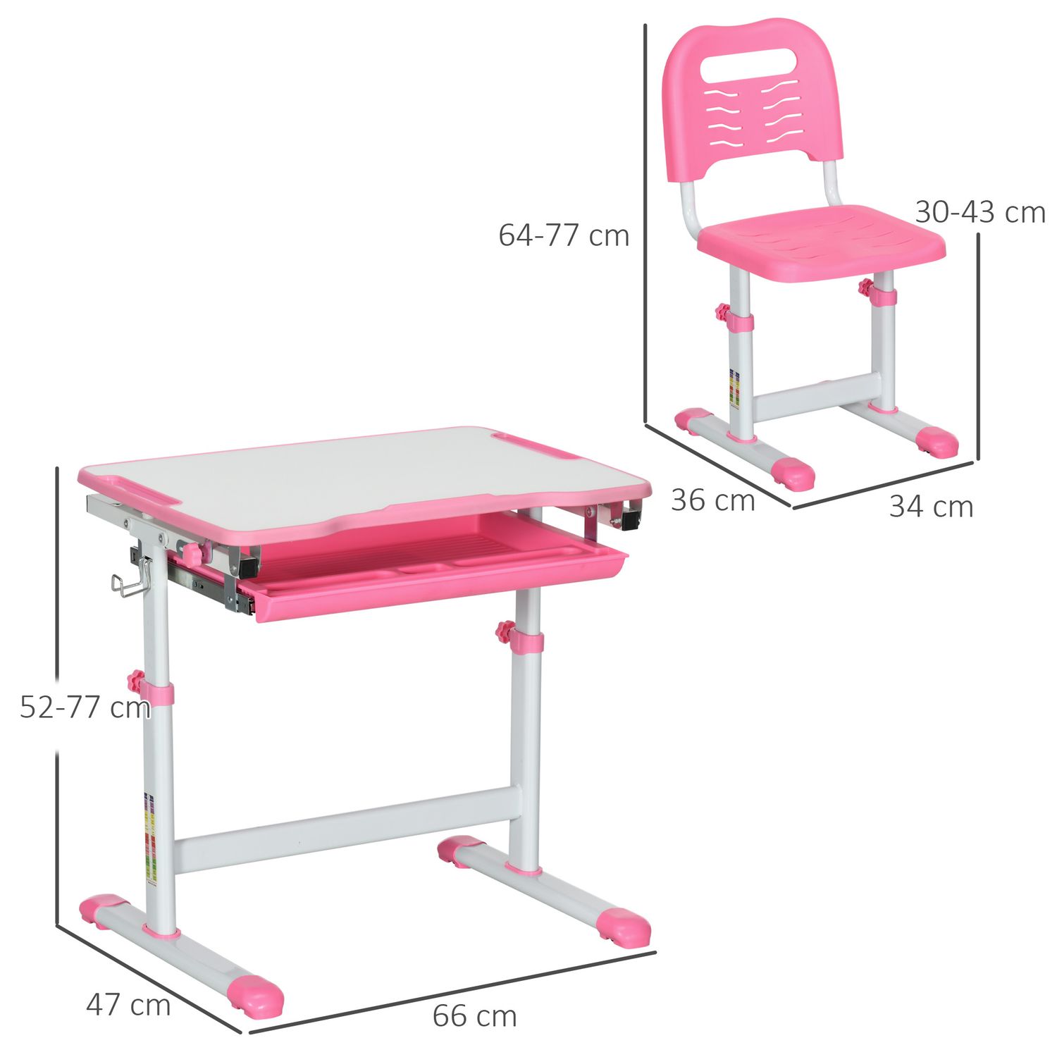 Banco scuola per bambini 6-12 anni con sedia e altezza regolabile, piano inclinabile, 66x47x52-77 cm, rosa - 