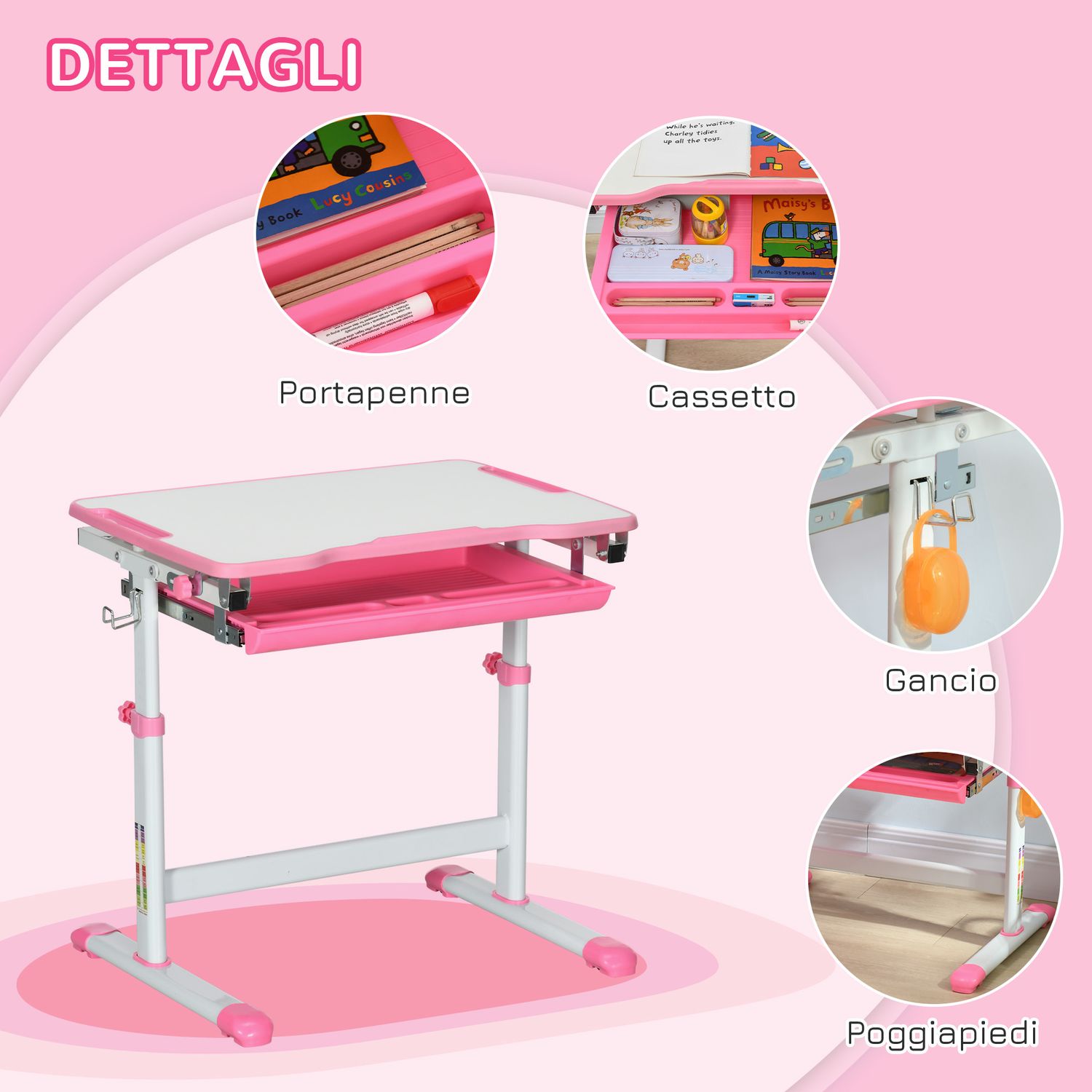 Banco scuola per bambini 6-12 anni con sedia e altezza regolabile, piano inclinabile, 66x47x52-77 cm, rosa - 