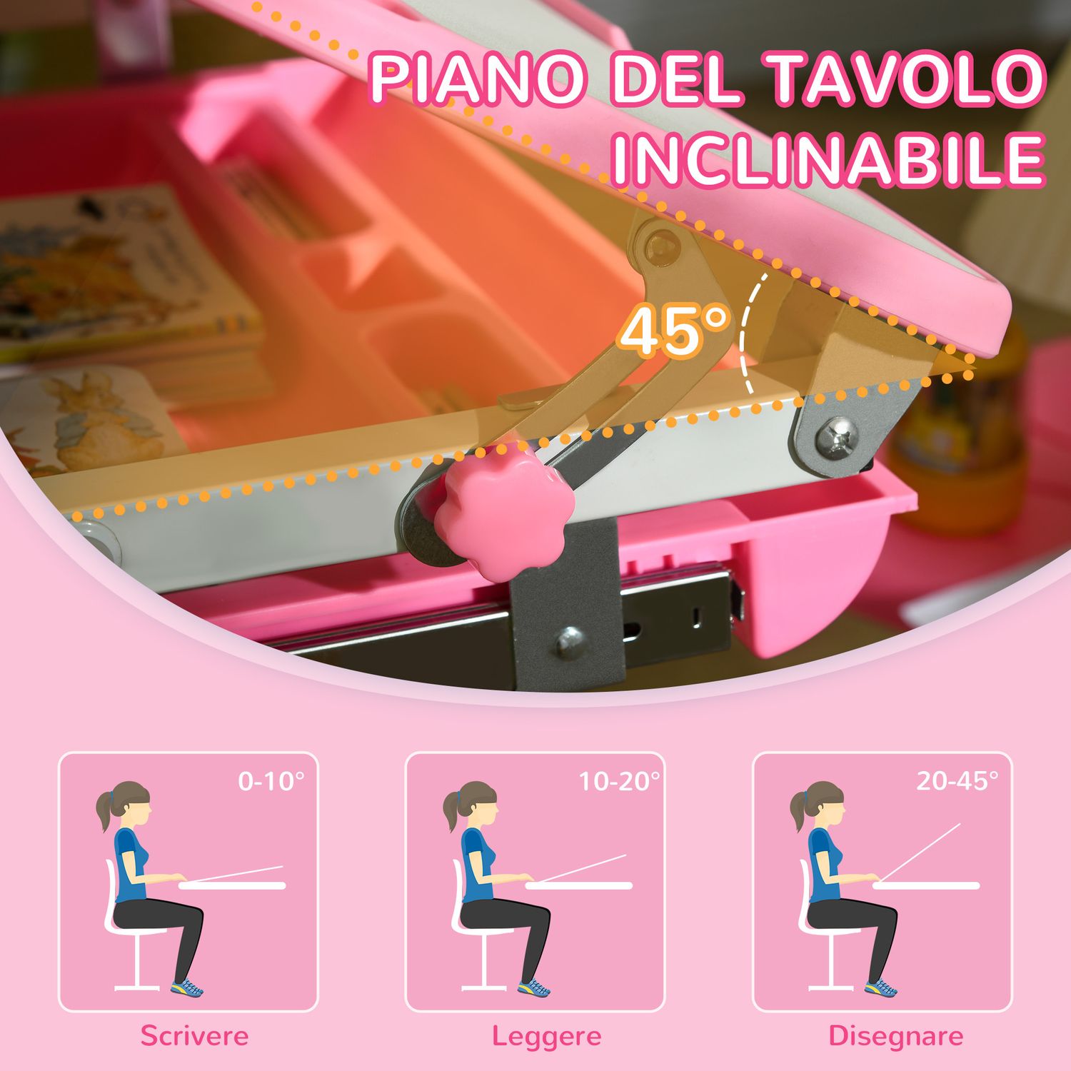 Banco scuola per bambini 6-12 anni con sedia e altezza regolabile, piano inclinabile, 66x47x52-77 cm, rosa - 