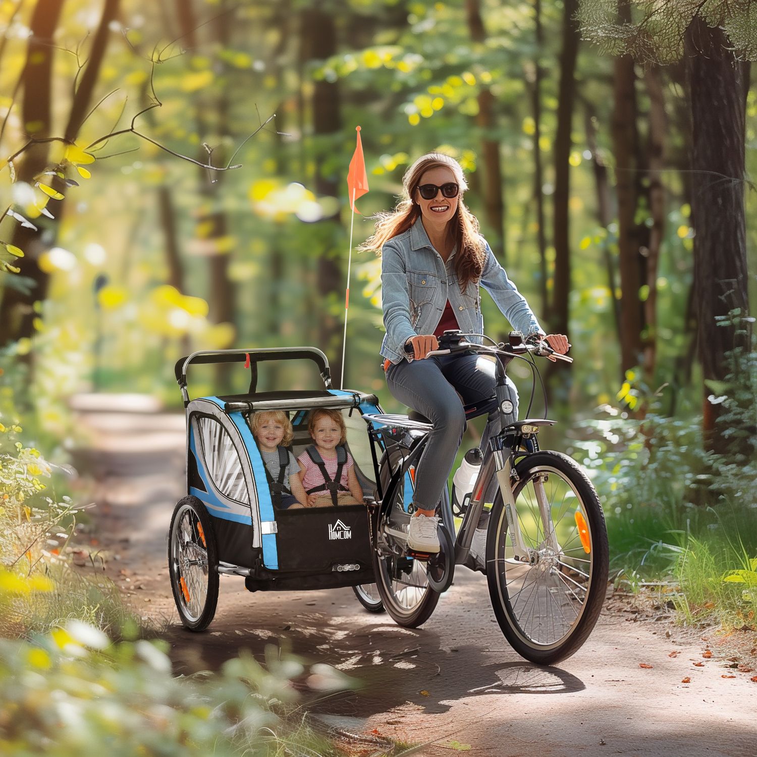 Rimorchio bici per bambini e passeggino 2 in 1 con cintura, tasche e bandierina, blu - 