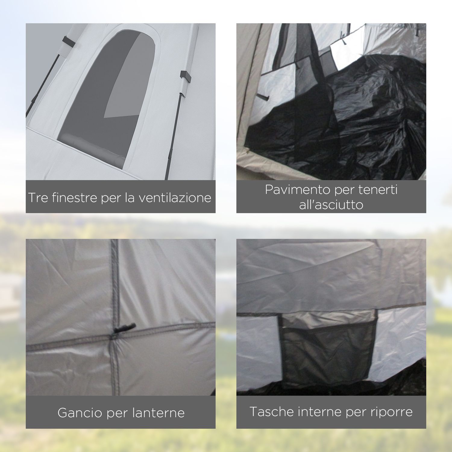 Tenda da campeggio da 2-3 persone con veranda, 210x210x150cm, grigia e bianca - 