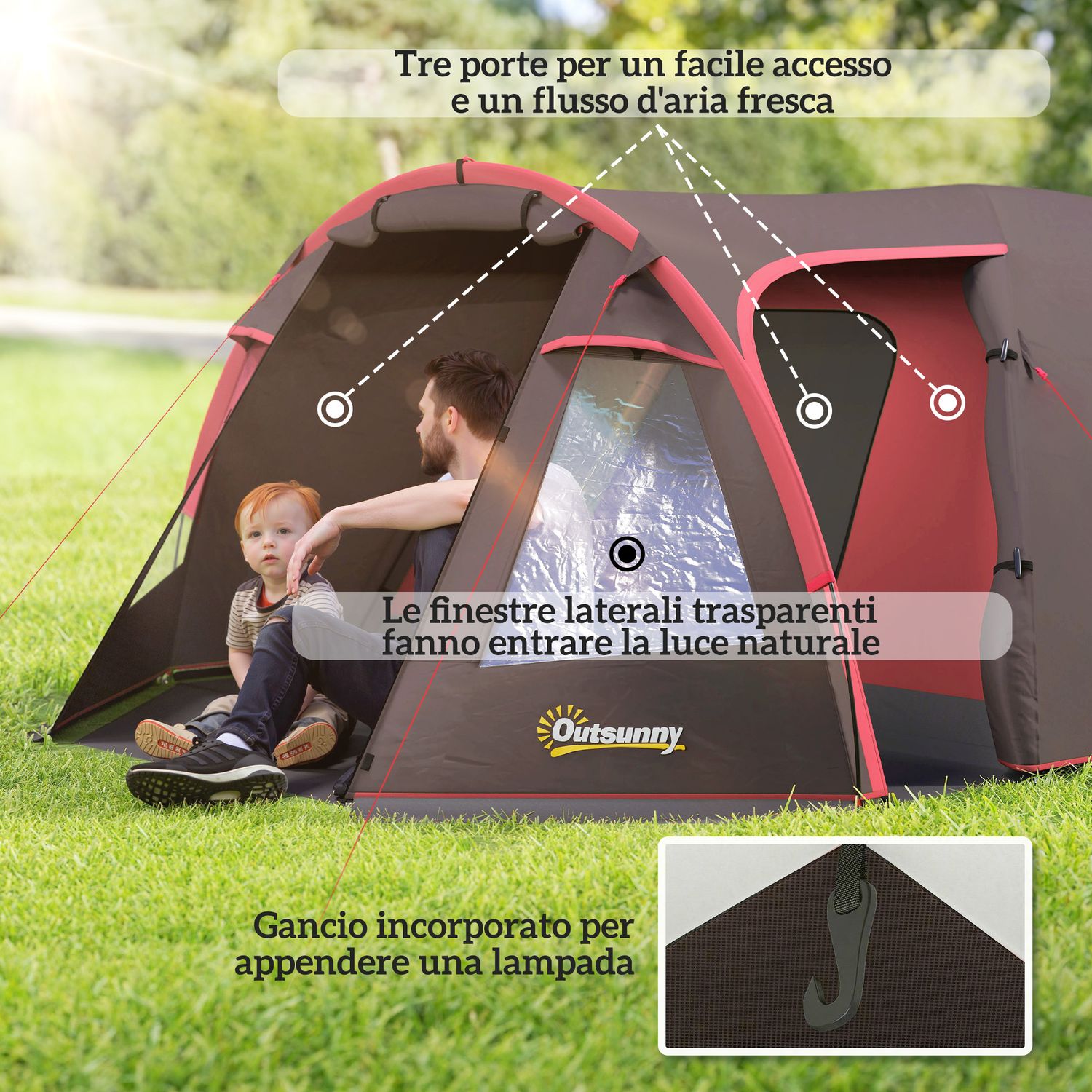 Tenda da campeggio da 2-4 persone con stanze separate, impermeabile con doppie porte, grigio - 