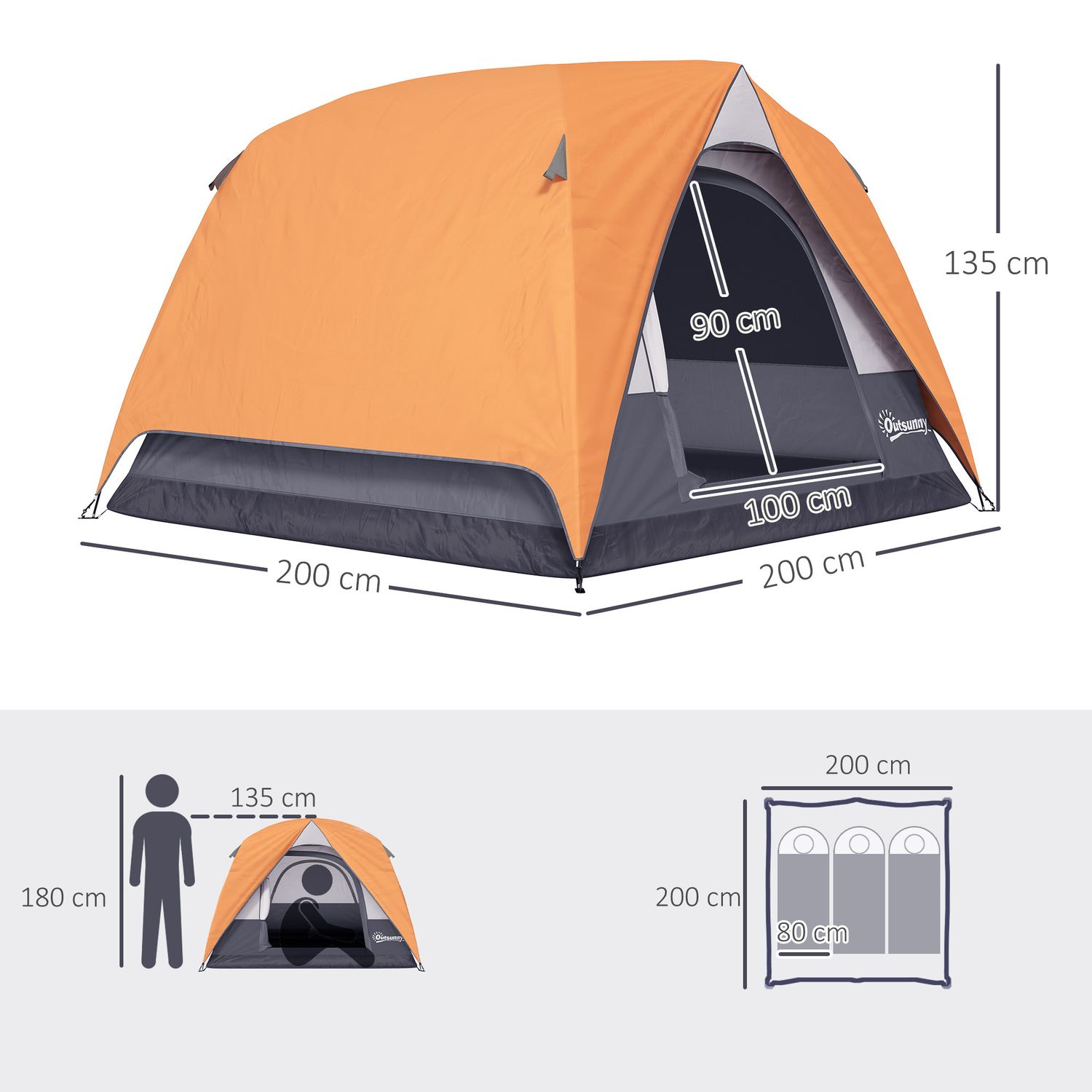 Tenda da campeggio per 3 persone impermeabile con tasca, gancio per lanterna e borsa, 2x2x1.35m, arancione - 