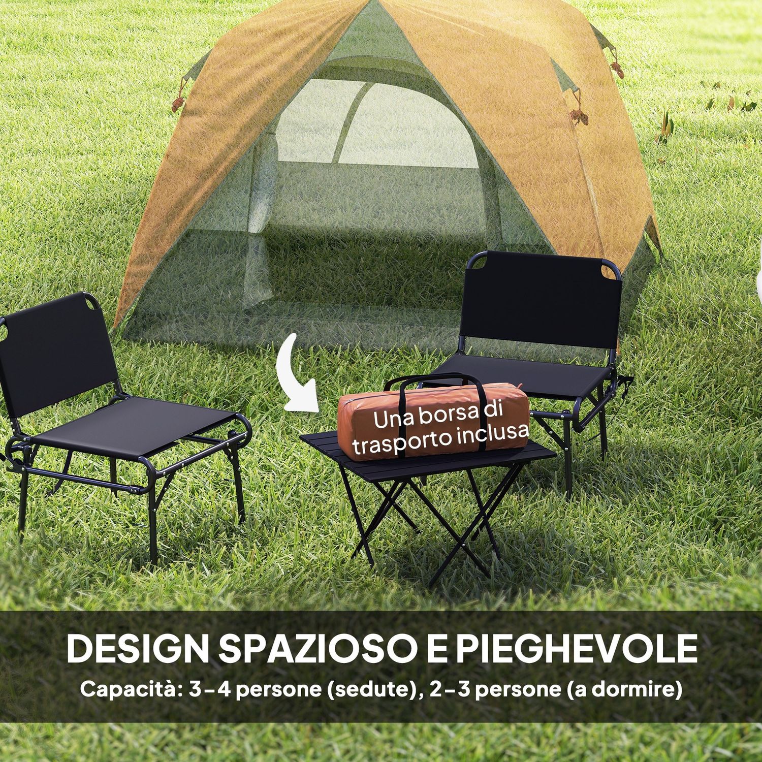 Tenda da campeggio per 3 persone impermeabile con tasca, gancio per lanterna e borsa, 2x2x1.35m, arancione - 