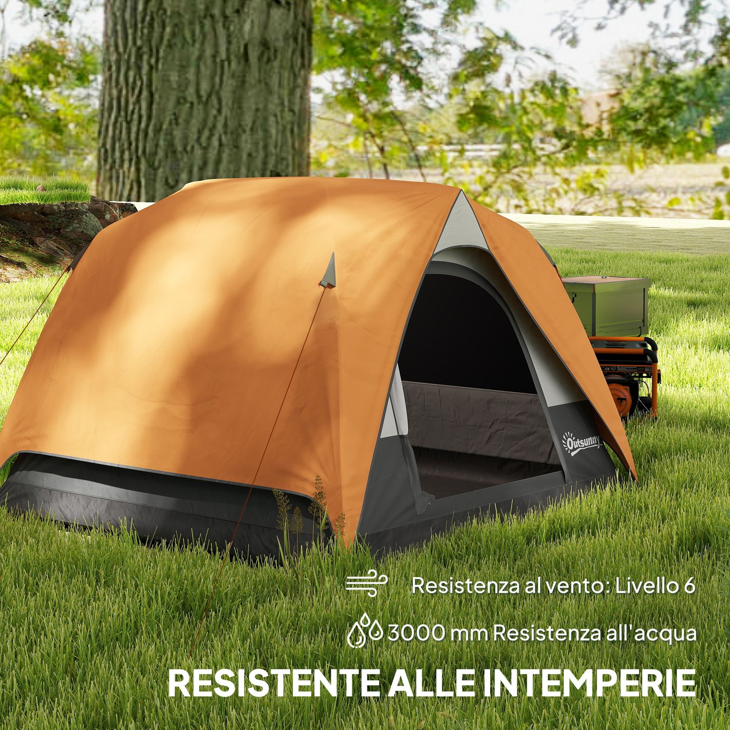 Tenda da campeggio per 3 persone impermeabile con tasca, gancio per lanterna e borsa, 2x2x1.35m, arancione - 