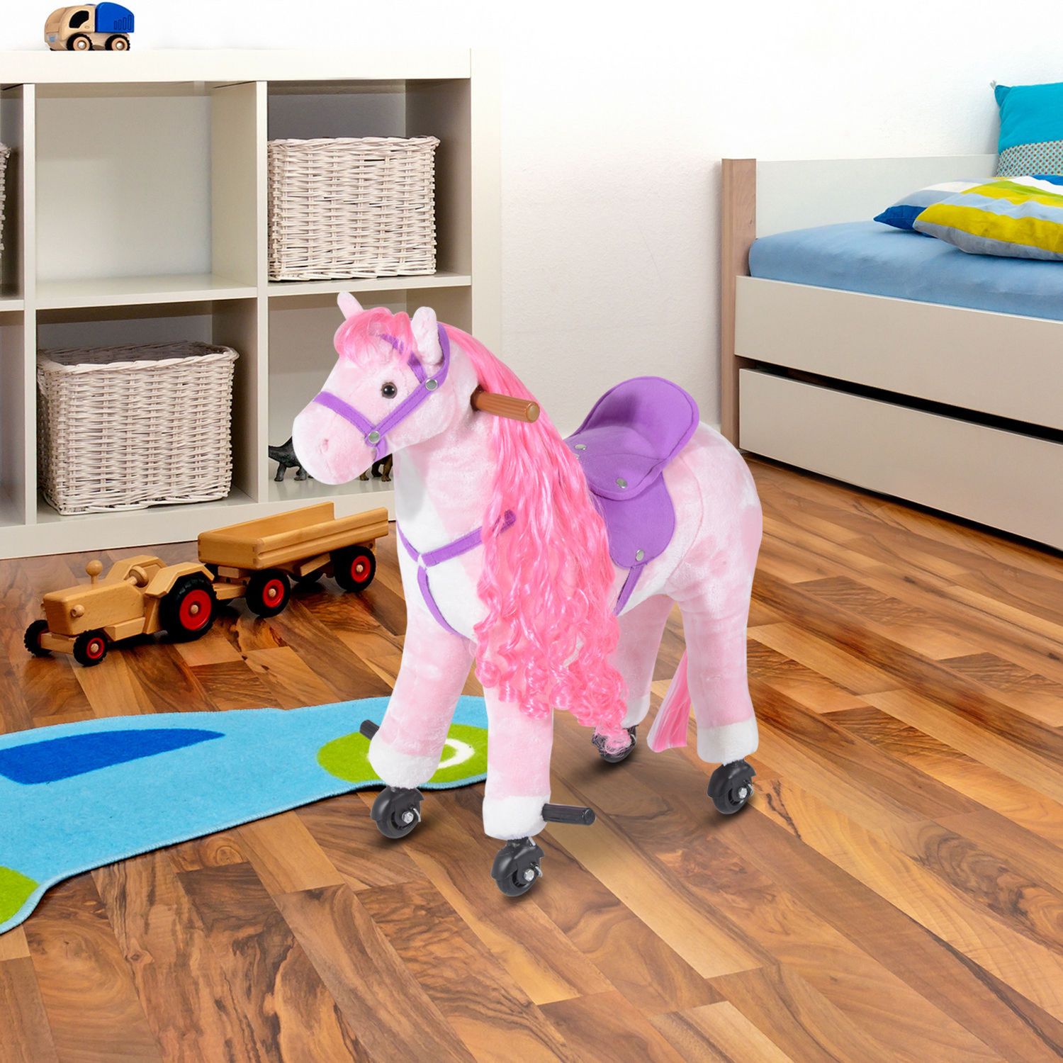 Cavallo a dondolo per bambini 2+ anni con 4 rotelle, suoni realistici e poggiapiedi, 65x28x75 cm, rosa - 