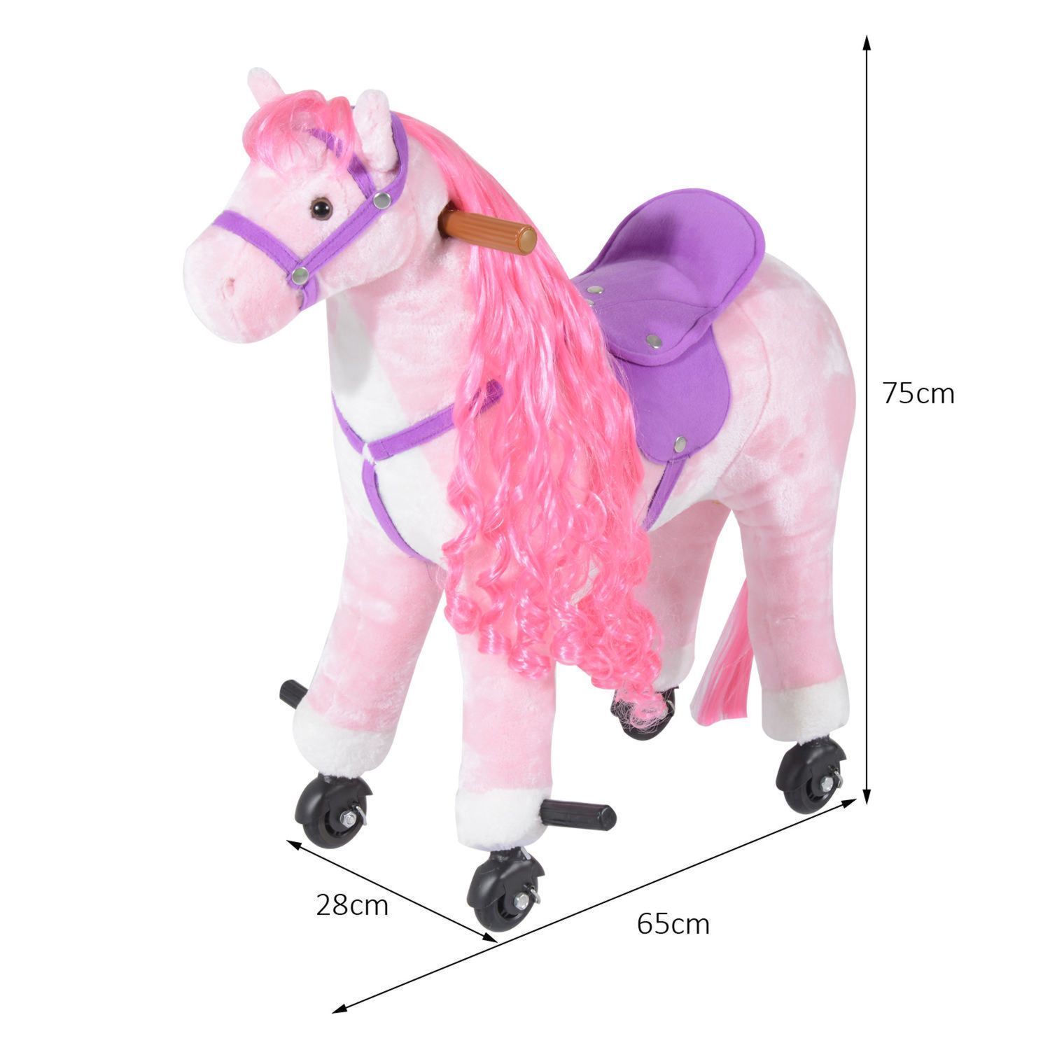 Cavallo a dondolo per bambini 2+ anni con 4 rotelle, suoni realistici e poggiapiedi, 65x28x75 cm, rosa - 