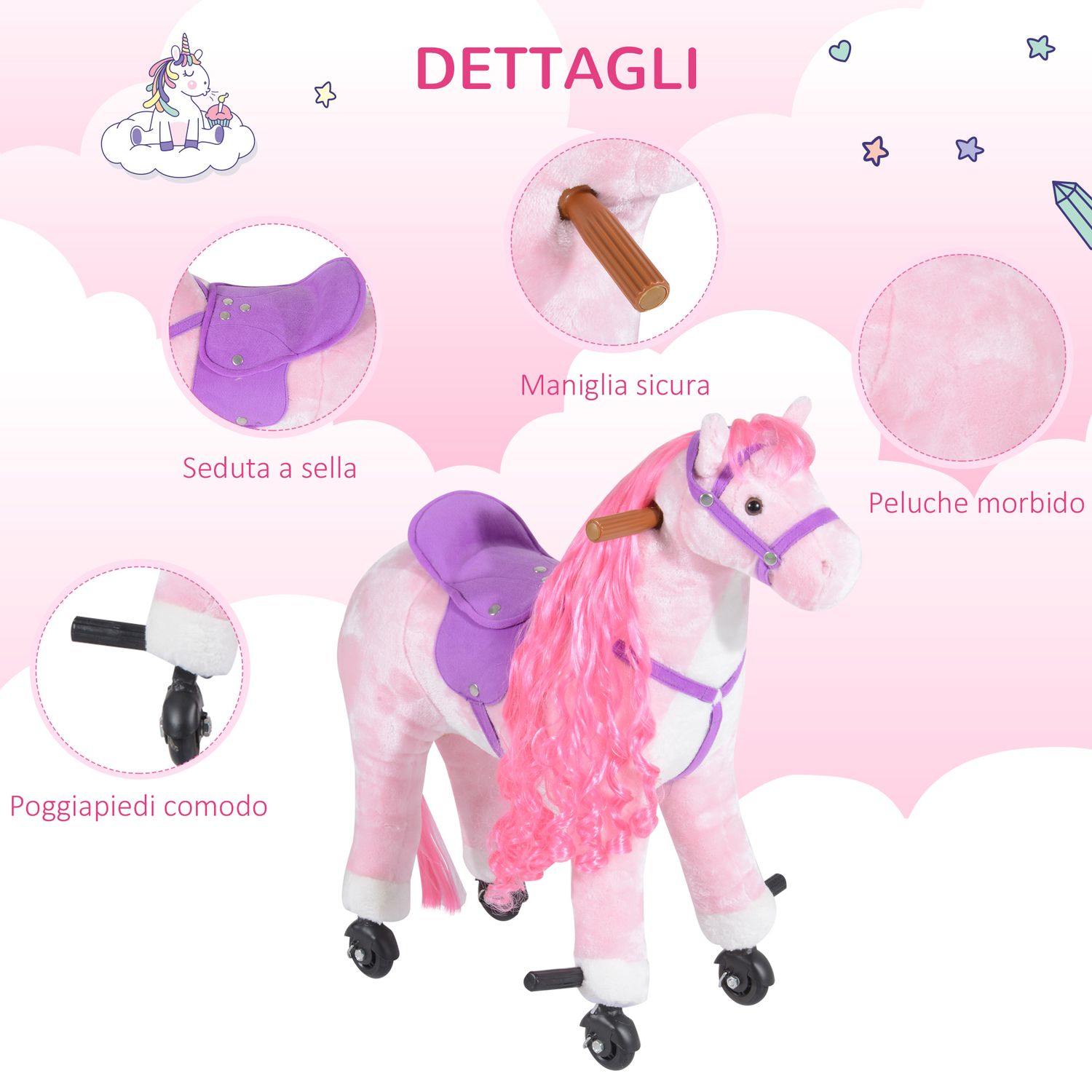 Cavallo a dondolo per bambini 2+ anni con 4 rotelle, suoni realistici e poggiapiedi, 65x28x75 cm, rosa - 