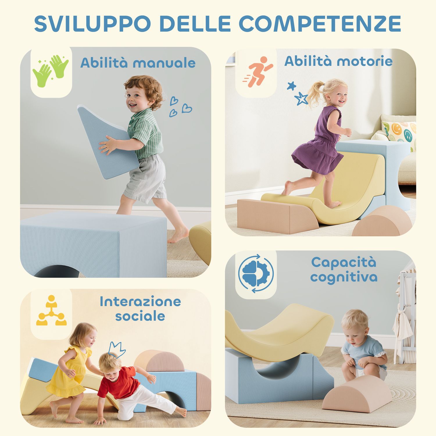 Set 5 costruzioni morbide per bambini 1.5-8 anni, in tessuto effetto velluto e spugna, multicolore - 