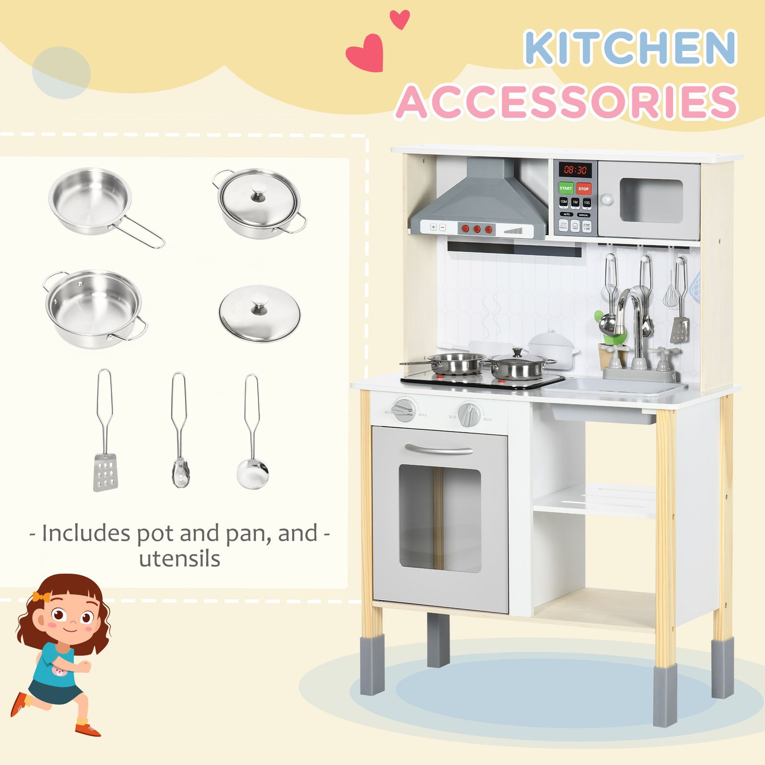 Cucina giocattolo per bambini con altezza regolabile, suoni, luci e utensili, in mdf e pp, 60x30.5x93.2 cm - 