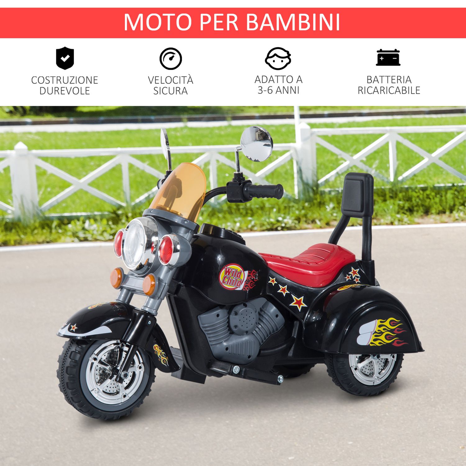 Mini moto elettrica per bambini da 37-72 mesi 3 ruote batteria 6v pp ferro, velocità 2.5km/h, 92×53×67cm - 