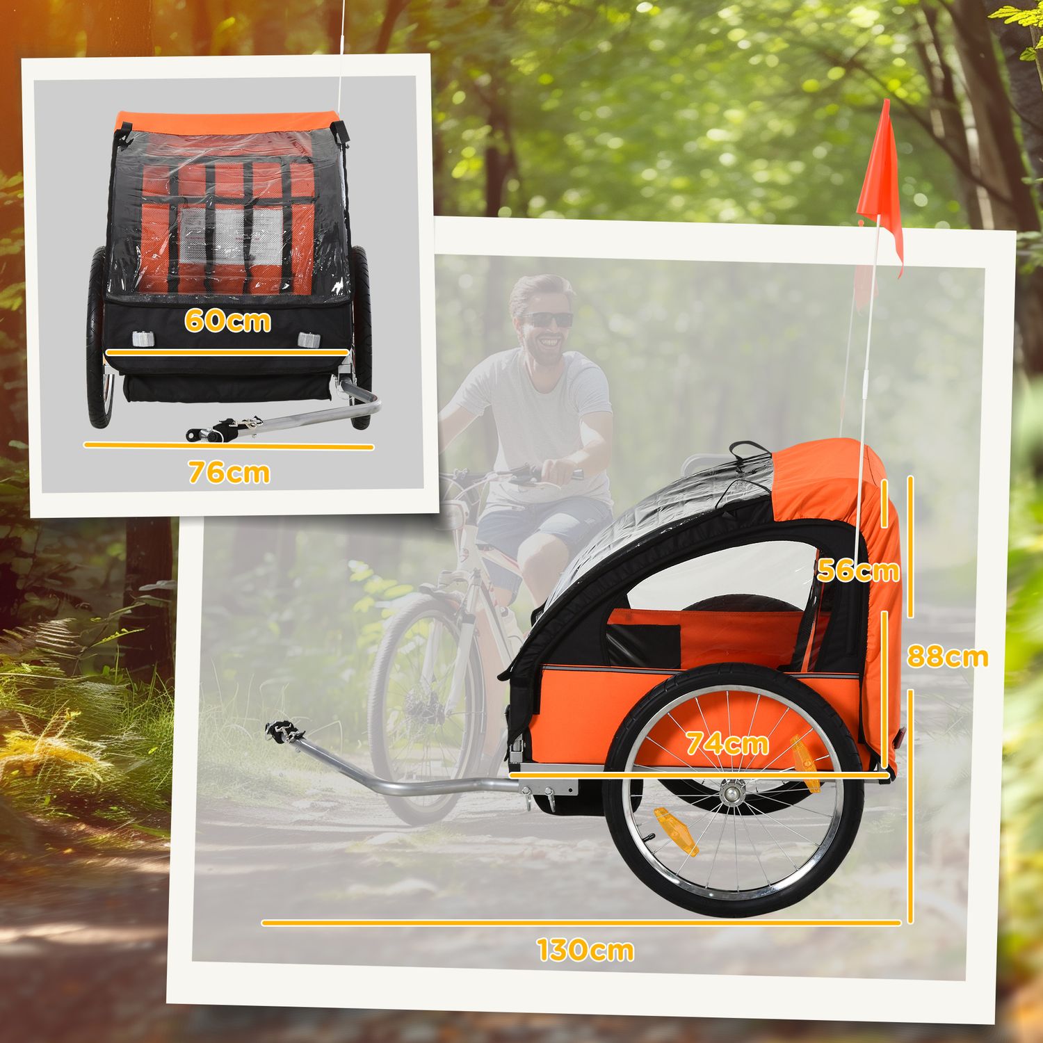 Rimorchio bici bambini con 2 posti, 2 cinture di sicurezza, telaio in acciaio e copertura in tessuto oxford arancione - 
