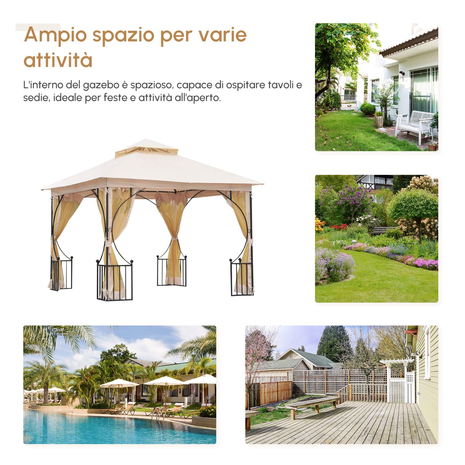 Gazebo da giardino 3x3m in metallo con zanzariere e tettuccio in poliestere, beige - 