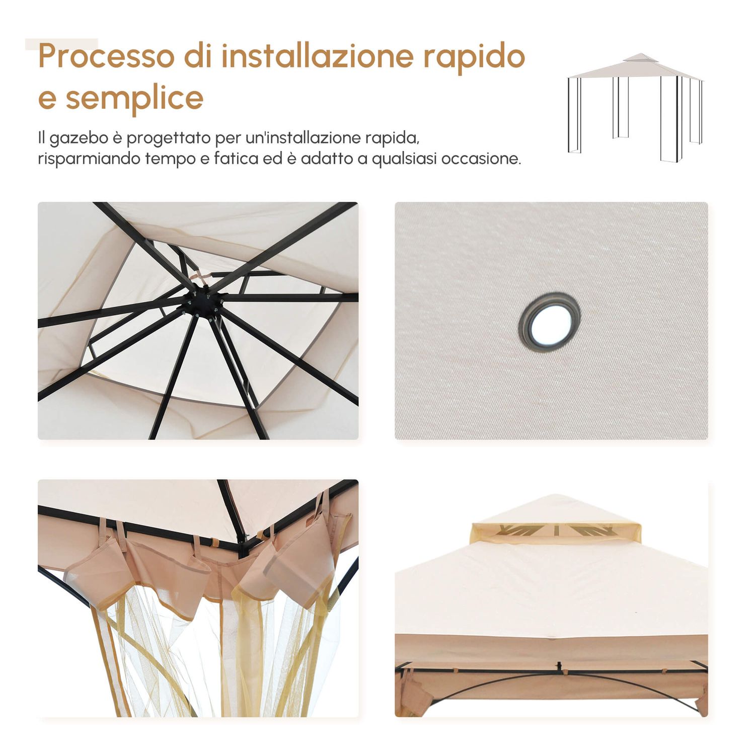 Gazebo da giardino 3x3m in metallo con zanzariere e tettuccio in poliestere, beige - 