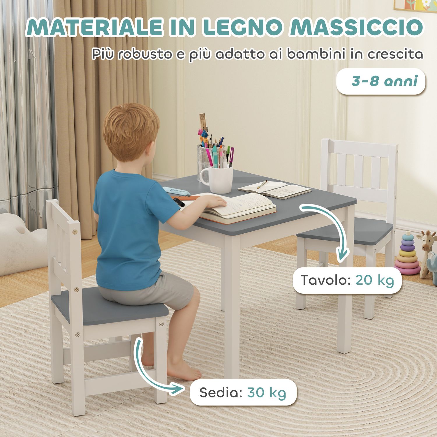 Set tavolo e sedie per bambini da 3-8 anni 3 pz in legno con bordi arrotondati, grigio e bianco - 