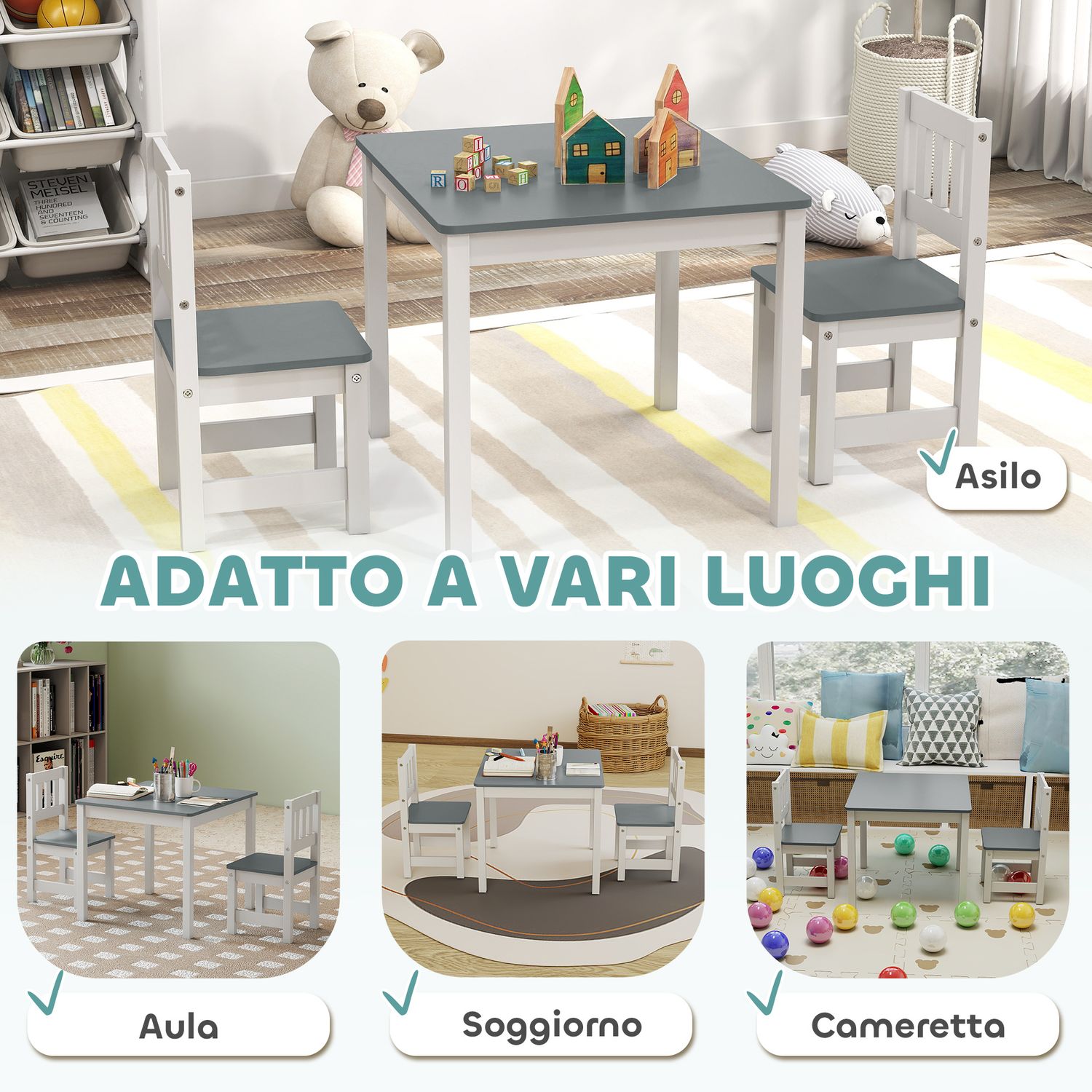 Set tavolo e sedie per bambini da 3-8 anni 3 pz in legno con bordi arrotondati, grigio e bianco - 