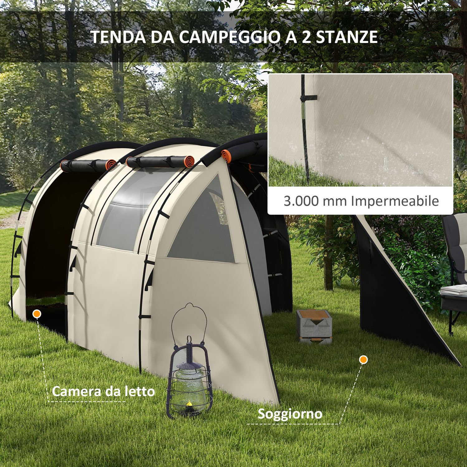 Tenda da campeggio 4-5 persone con copertura oscurante, impermeabile con borsa di trasporto, kaki - 